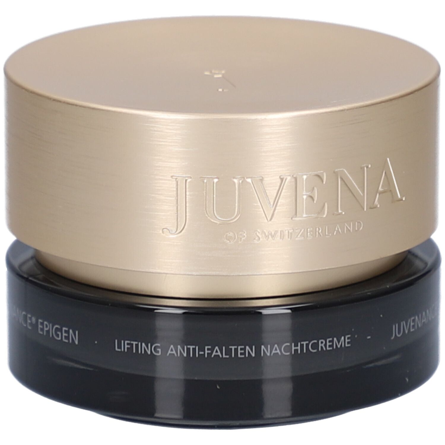 Creme-Tiegel mit goldfarbenem Deckel. Aufschrift: Juvena of Switzerland, Juvenance Epigen, Lifting Anti-Falten Nachtcreme.