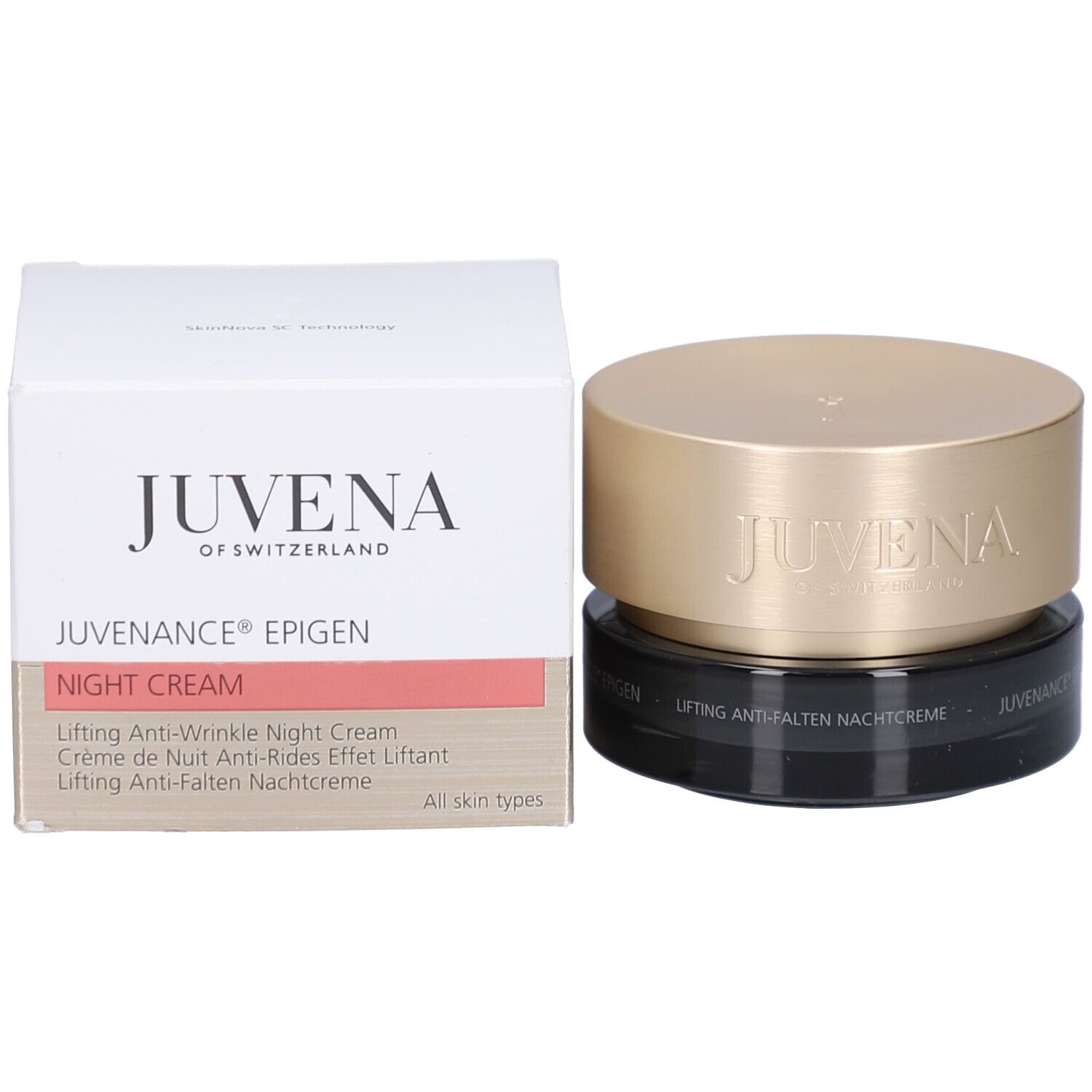 Produkt mit Verpackung. Creme-Tiegel und Schachtel. Aufschrift: Juvena, Juvenance Epigen, Night Cream.