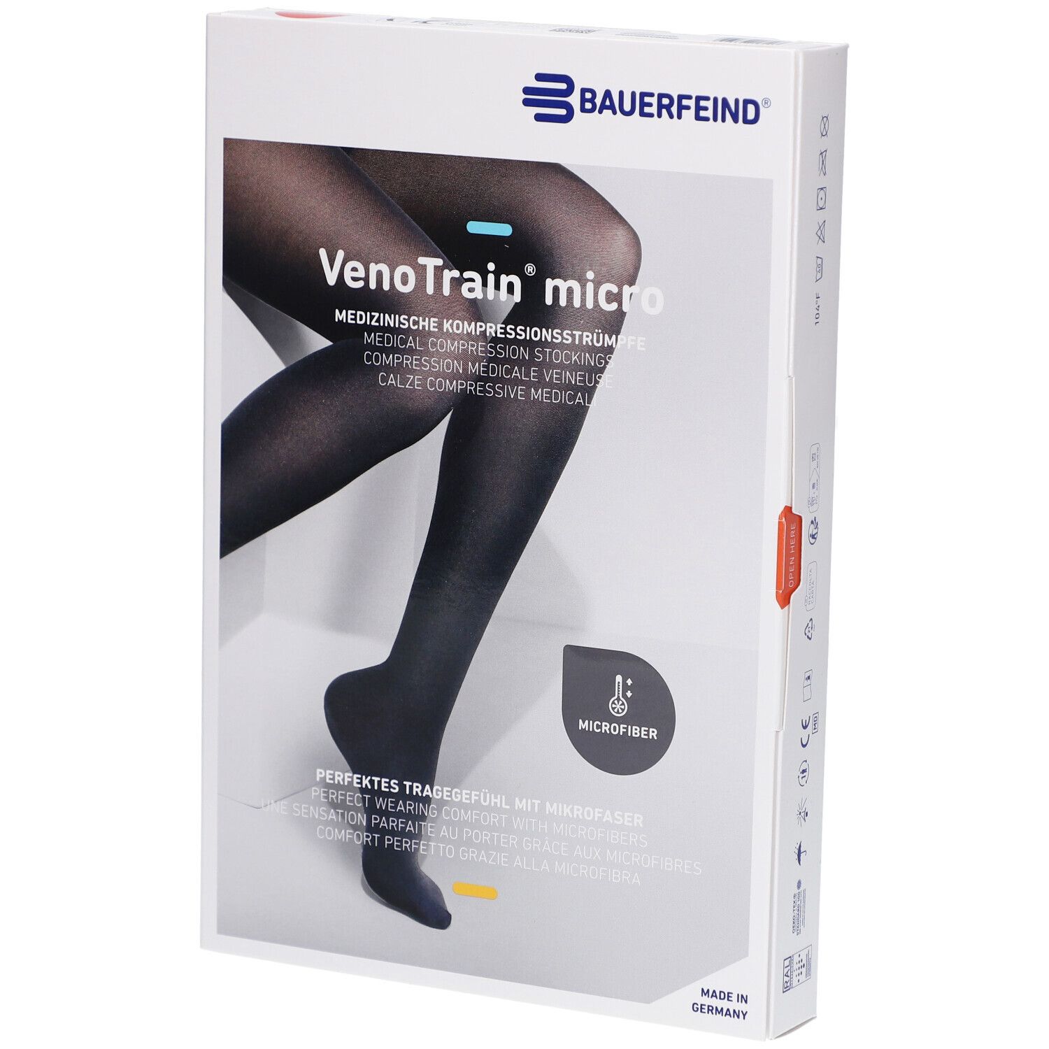 Verpackung mit Kompressionsstrümpfen. Marke: Bauerfeind. Produktname: VenoTrain micro. Schwarze Strümpfe auf der Verpackung abgebildet.