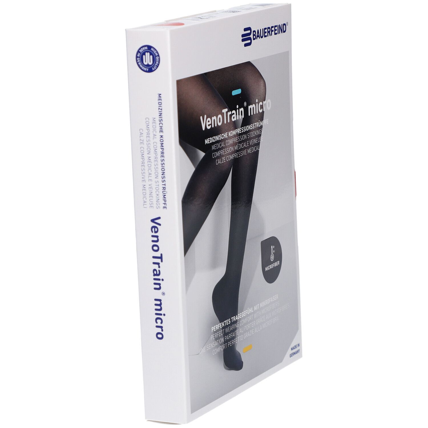 Verpackung mit Kompressionsstrümpfen. Marke: Bauerfeind VenoTrain micro. Farbe: Indigo. Medizinische Kompressionsstrümpfe.