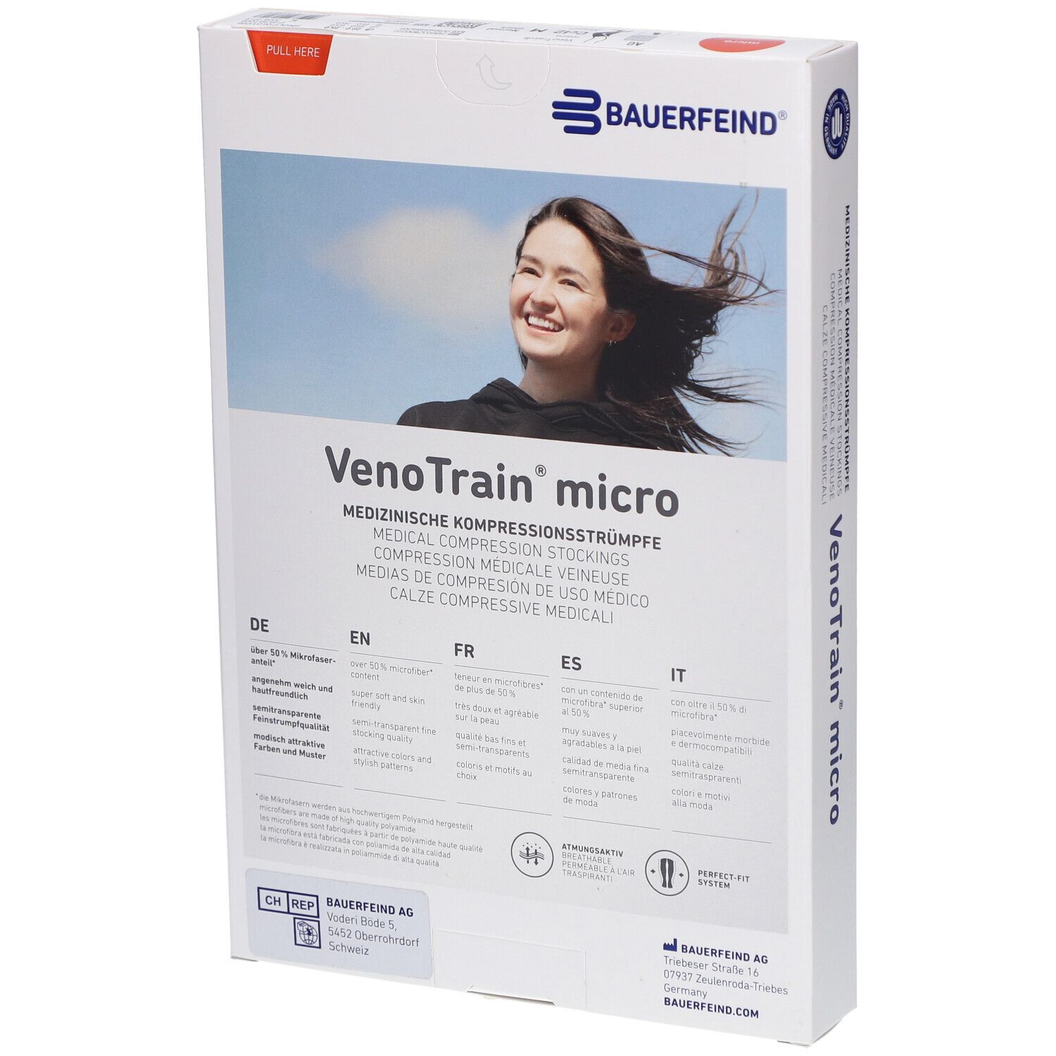 Rückseite der Verpackung von Bauerfeind VenoTrain micro Kompressionsstrümpfen. Produktinformationen in mehreren Sprachen.