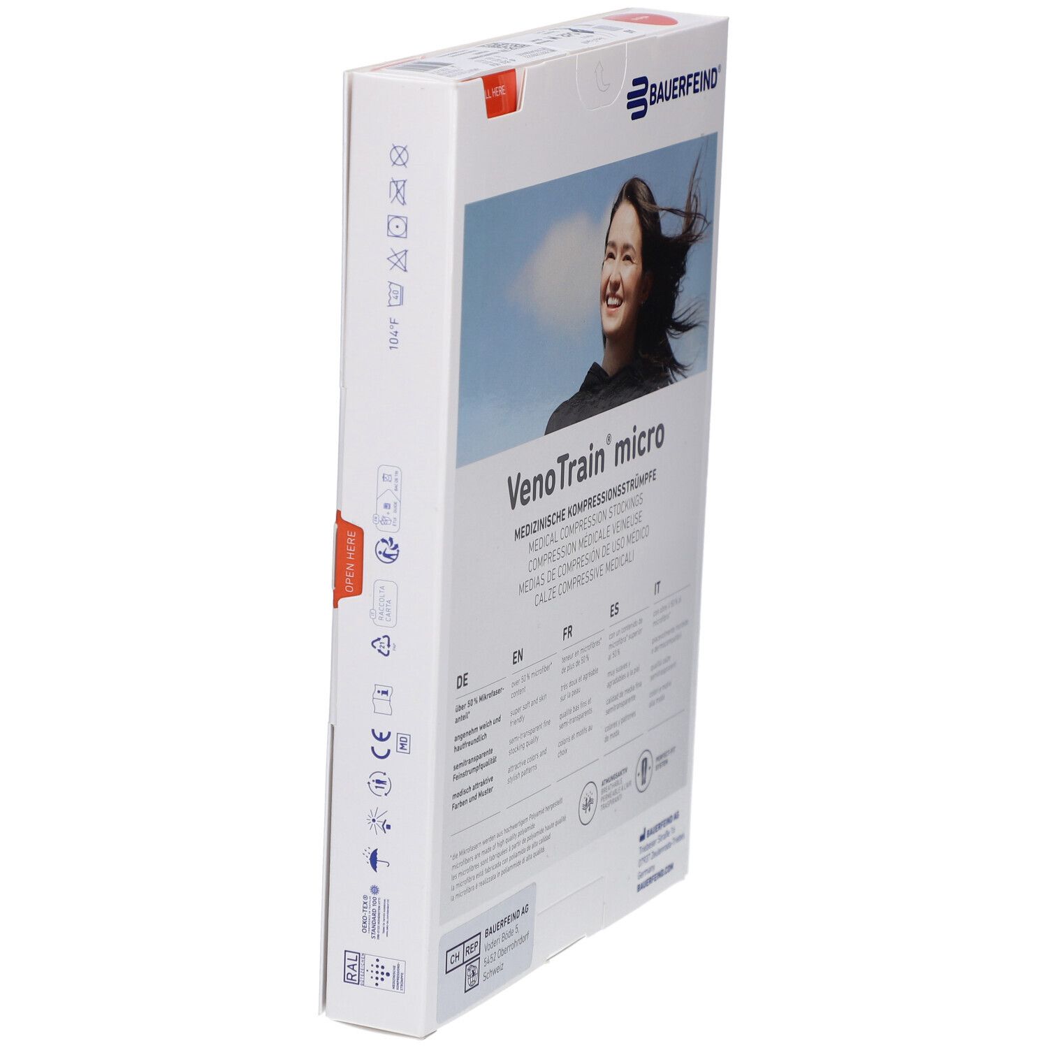 Verpackung von Bauerfeind VenoTrain micro Kompressionsstrümpfen. Produktinformationen und Logos. Medizinprodukt.