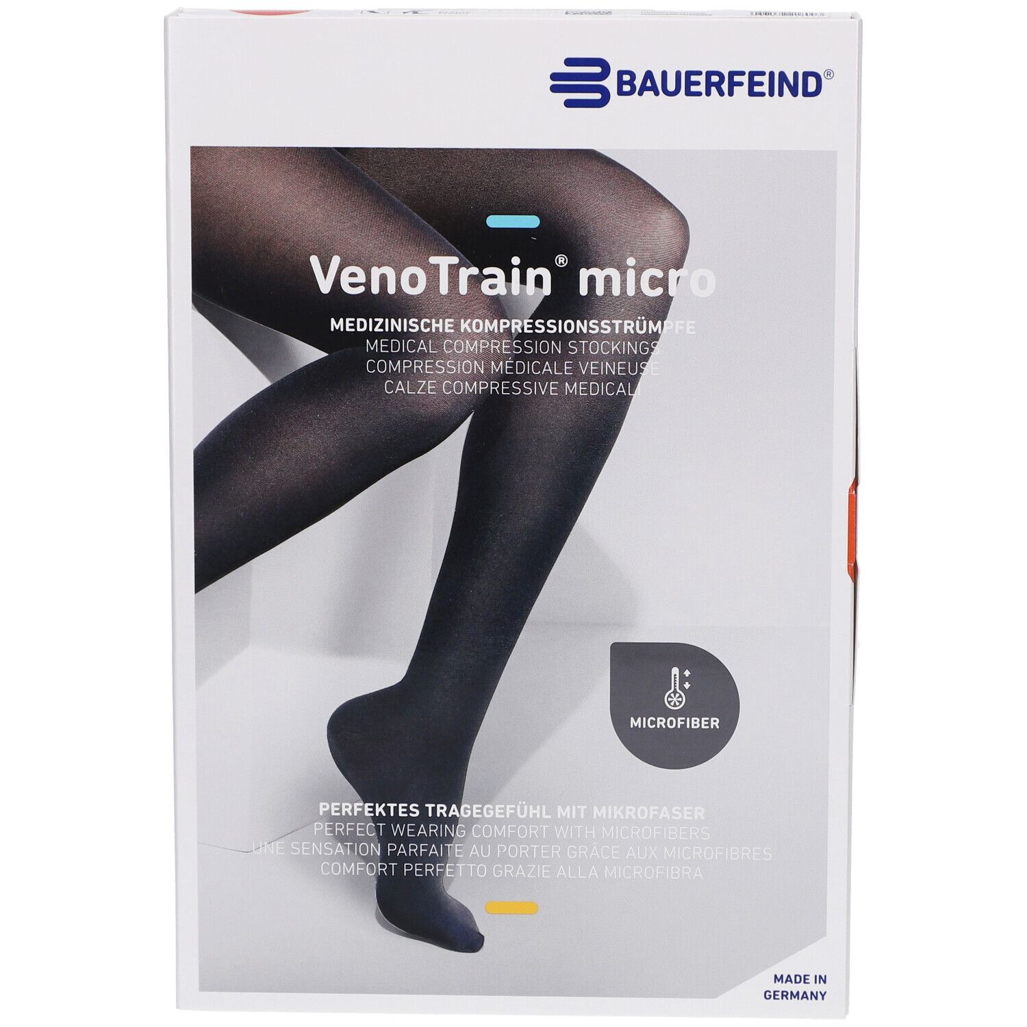 Verpackung mit Kompressionsstrümpfen. Marke: Bauerfeind. Produktname: VenoTrain micro. Schwarze Strümpfe auf der Verpackung abgebildet.