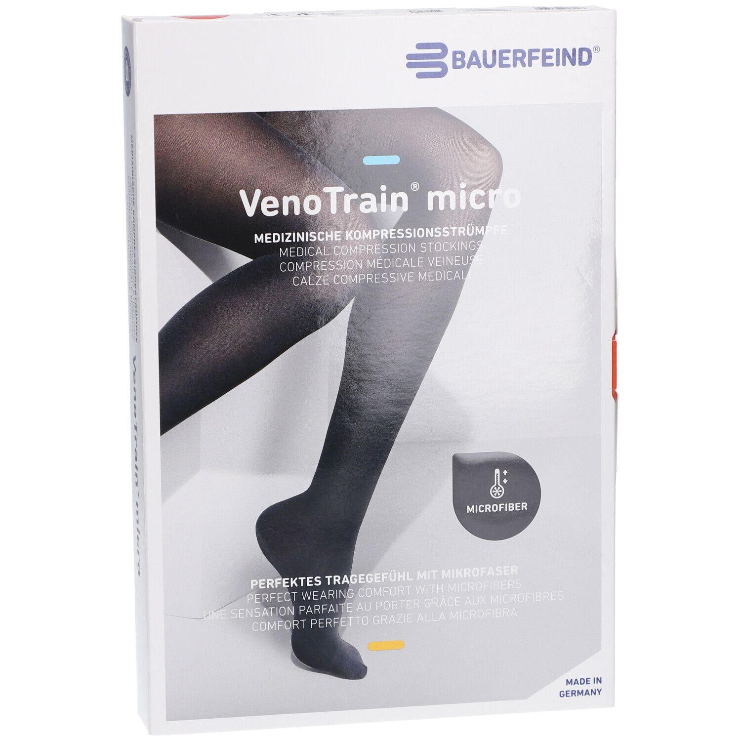 Verpackung mit Kompressionsstrümpfen. Marke: Bauerfeind. Produktname: VenoTrain micro. Schwarze Strümpfe auf der Verpackung abgebildet.