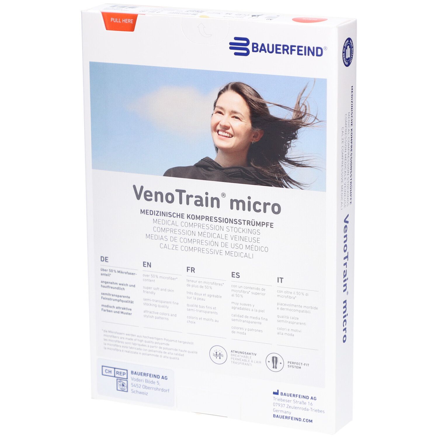 Verpackung mit Kompressionsstrümpfen. Marke: Bauerfeind. Produktname: VenoTrain micro. Frau lächelt auf der Verpackung.