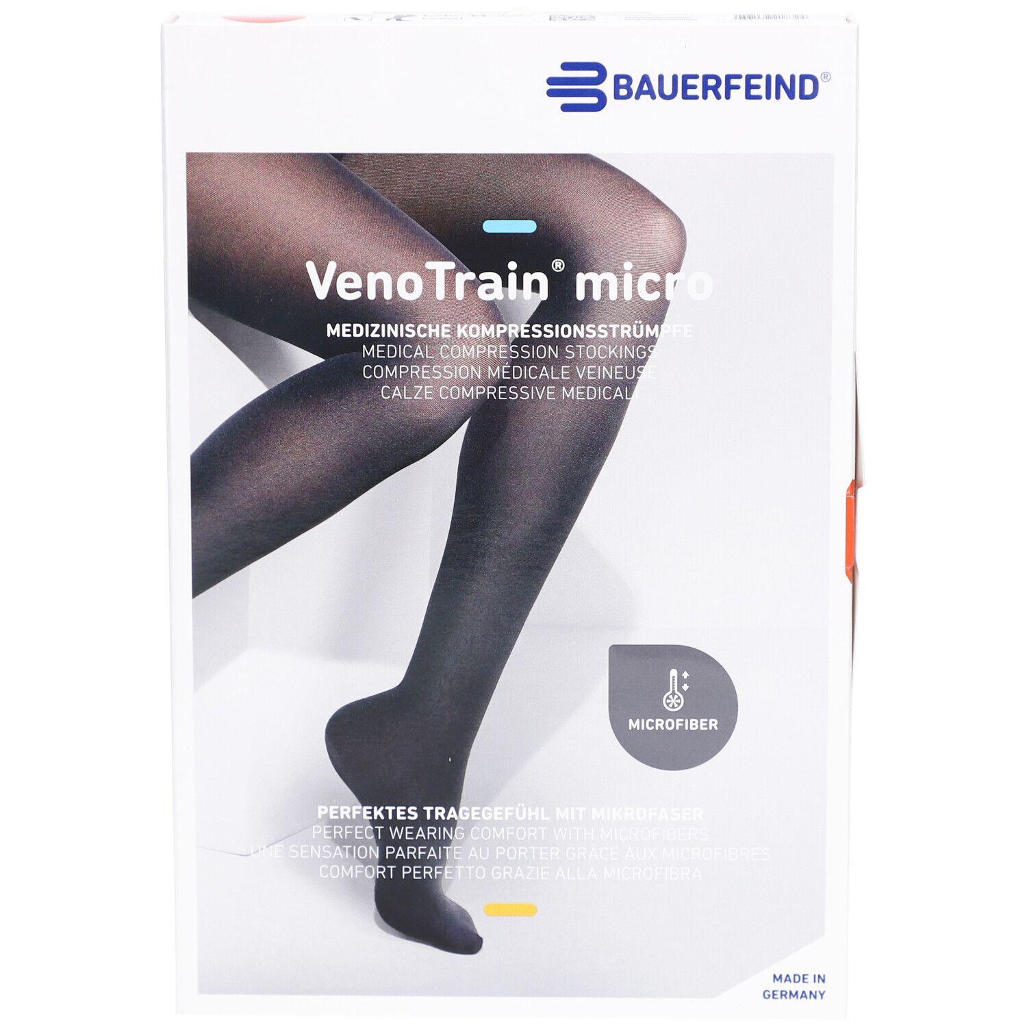 Verpackung mit Kompressionsstrümpfen. Marke: Bauerfeind. Produktname: VenoTrain micro. Schwarze Strümpfe auf der Verpackung abgebildet.