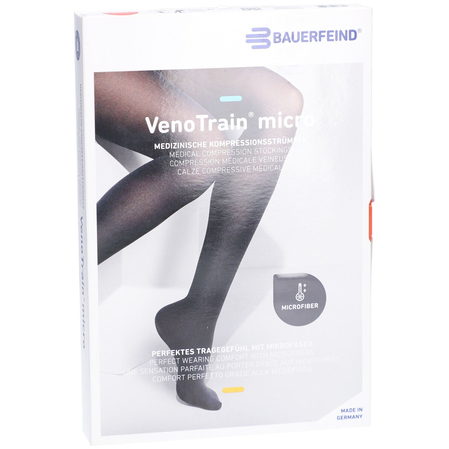 Verpackung mit Kompressionsstrümpfen. Marke: Bauerfeind. Produktname: VenoTrain micro. Schwarze Strümpfe auf der Verpackung abgebildet.