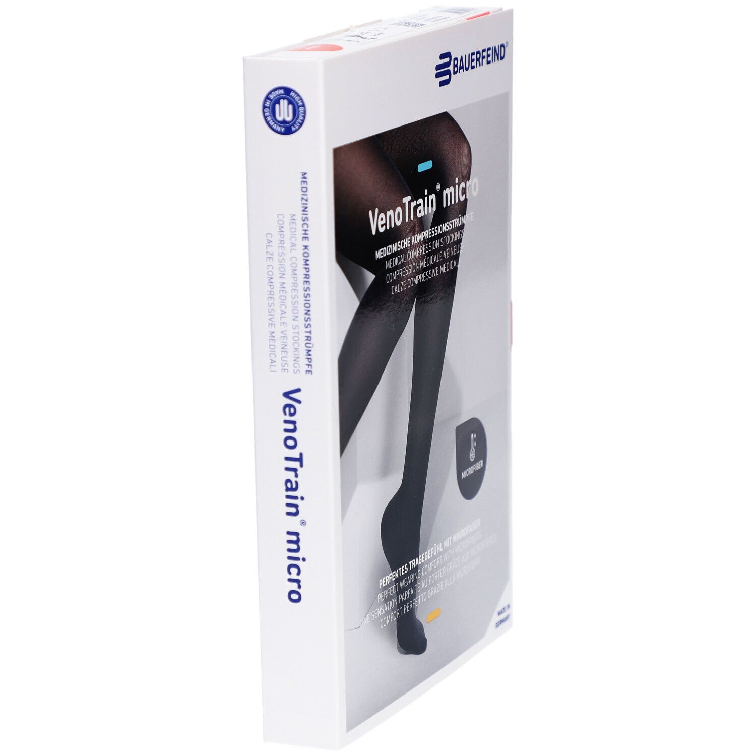 Verpackung von Kompressionsstrümpfen. Marke: BAUERFEIND. Produktname: VenoTrain micro. Seitenansicht der Verpackung.
