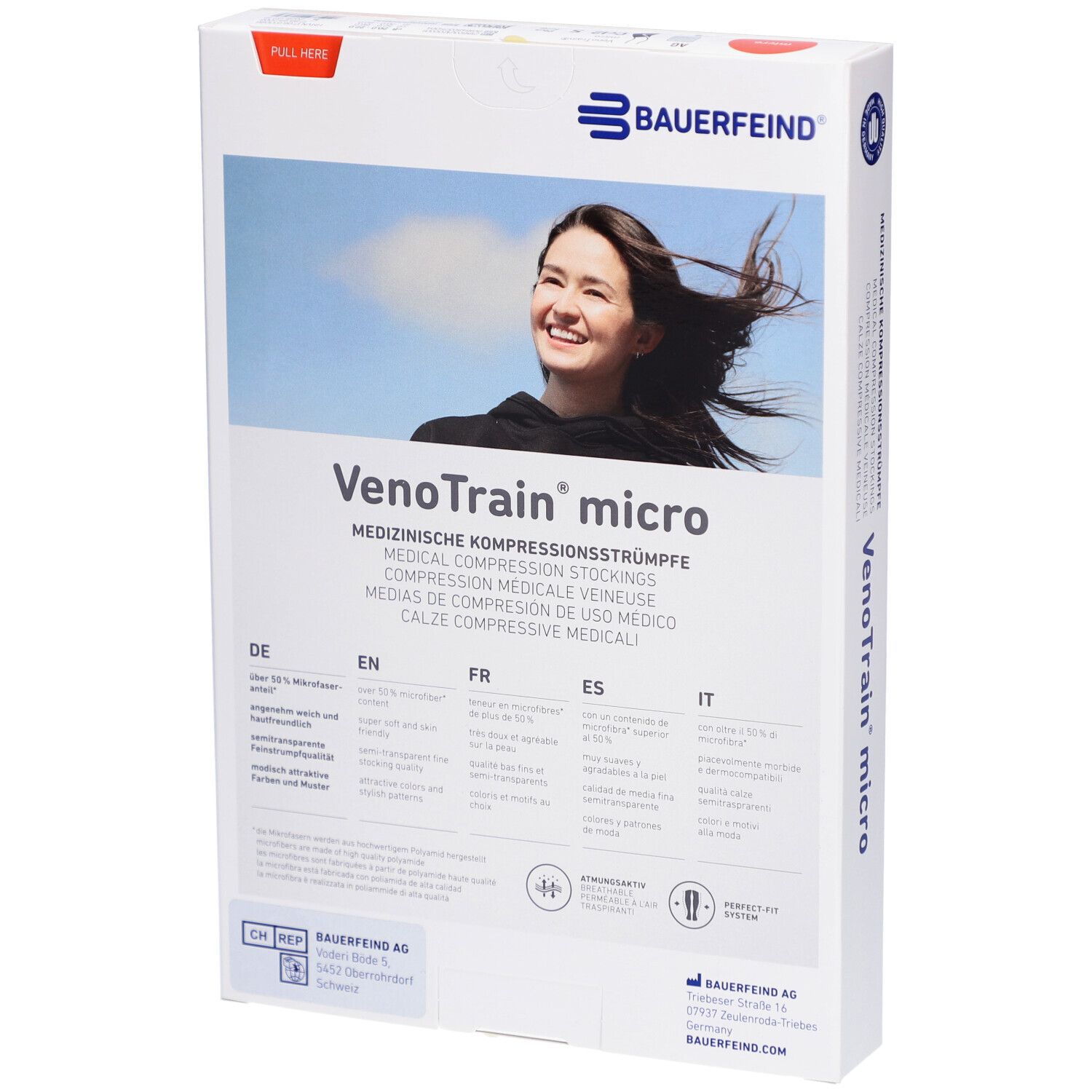 Rückseite der Verpackung von Kompressionsstrümpfen. Marke: BAUERFEIND. Produktname: VenoTrain micro. Mehrsprachige Produktinformationen.