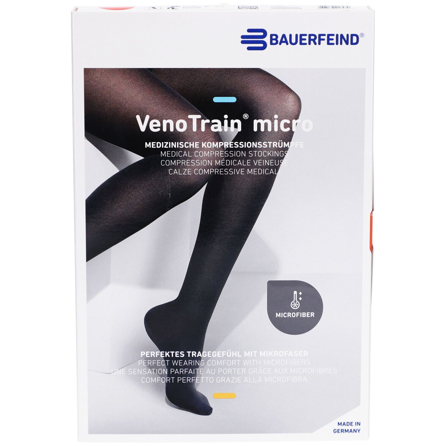Verpackung mit Kompressionsstrümpfen. Marke: BAUERFEIND. Produktname: VenoTrain micro. Schwarze Strümpfe abgebildet.