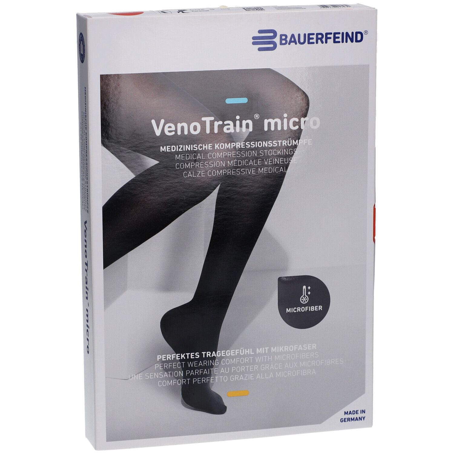 Verpackung mit Kompressionsstrümpfen. Marke: BAUERFEIND. Produktname: VenoTrain micro. Schwarze Strümpfe abgebildet.