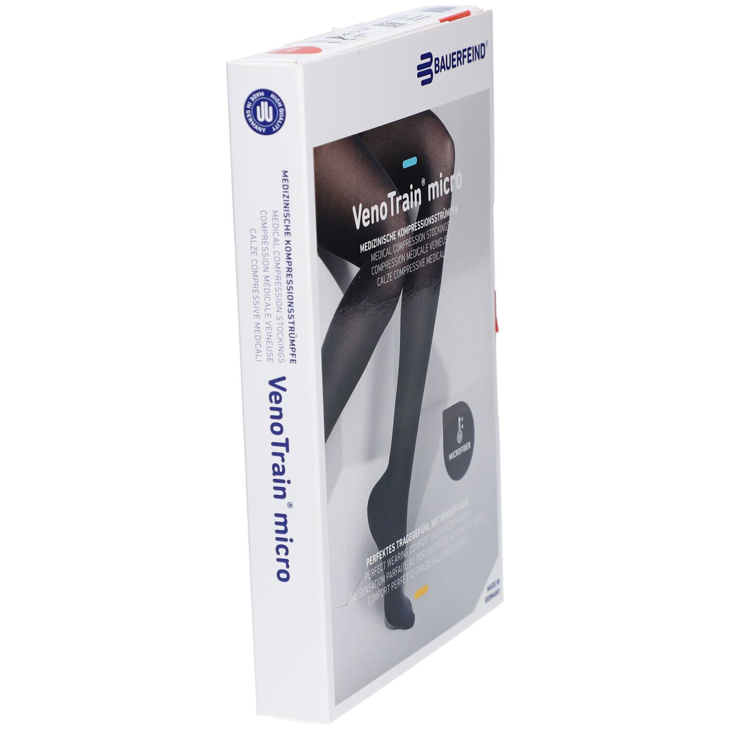Verpackung mit Kompressionsstrümpfen. VenoTrain micro, schwarz. Marke Bauerfeind. Medizinische Kompressionsstrümpfe.