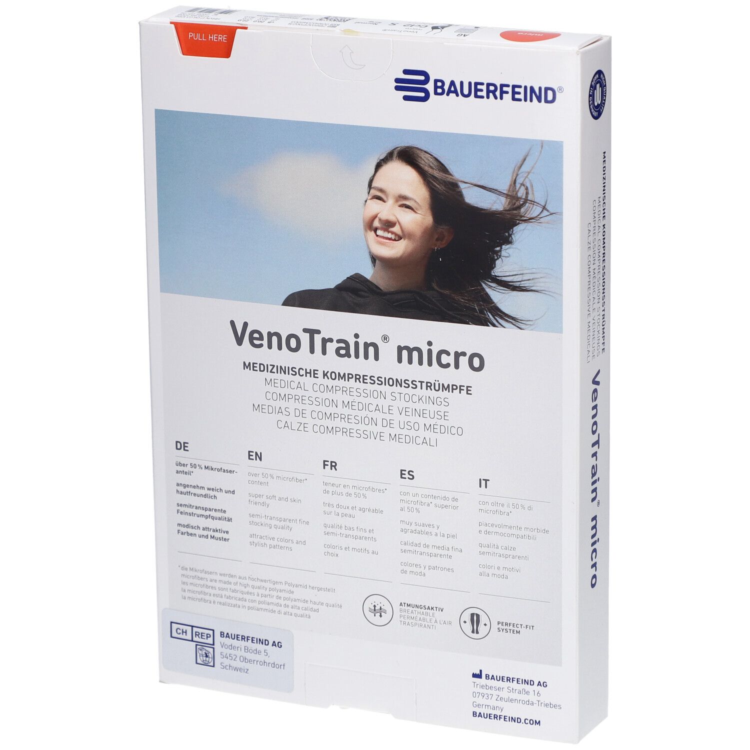 Rückseite der Verpackung mit Kompressionsstrümpfen. VenoTrain micro. Marke Bauerfeind. Mehrsprachige Informationen.