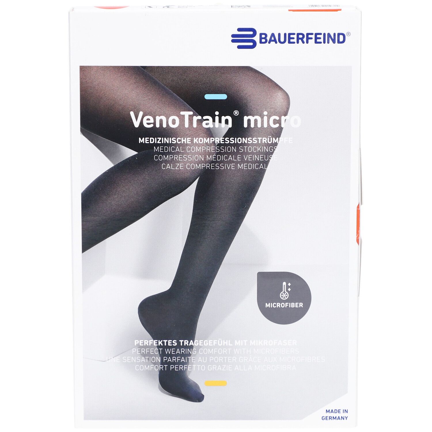 Verpackung mit Kompressionsstrümpfen. VenoTrain micro, schwarz. Marke Bauerfeind. Medizinische Kompressionsstrümpfe. Mikrofaser.