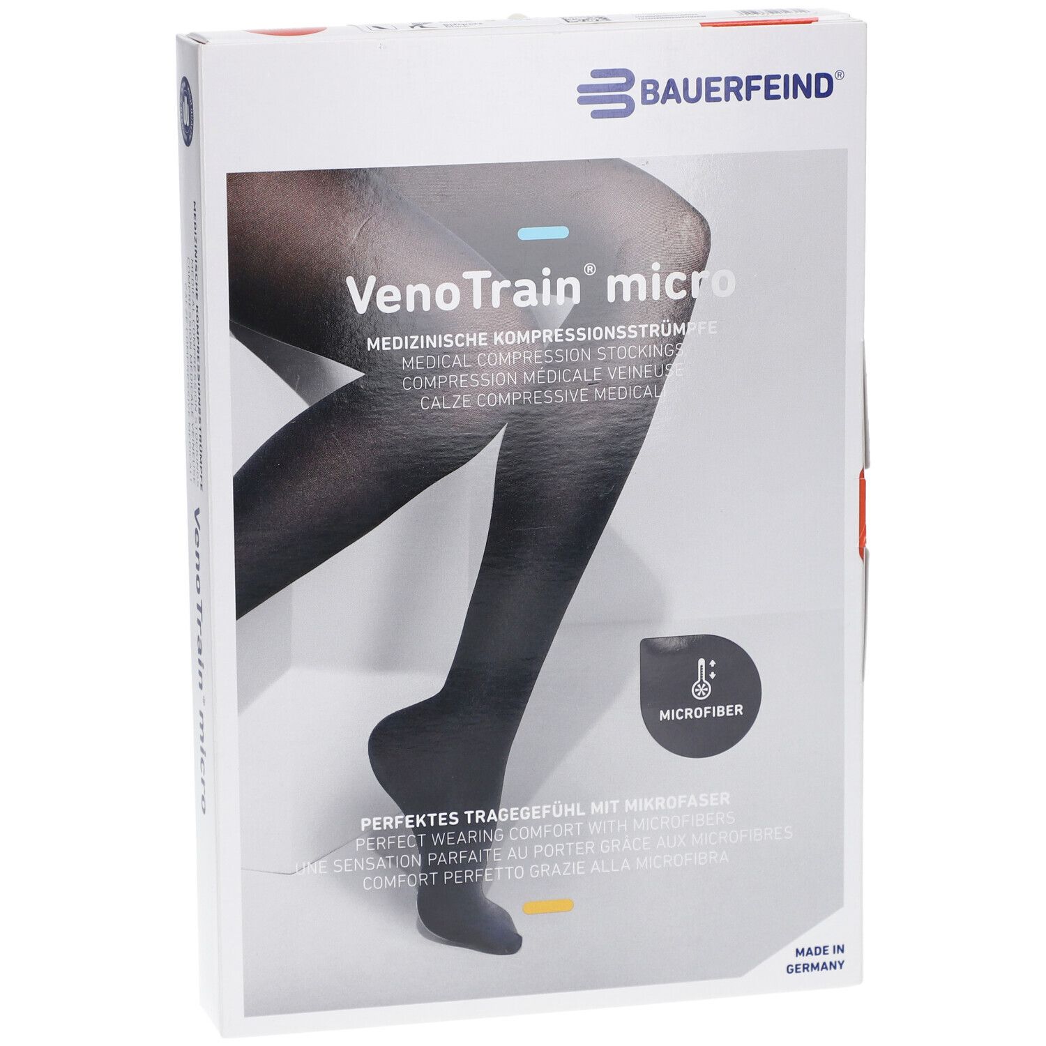 Verpackung mit Kompressionsstrümpfen. VenoTrain micro, schwarz. Marke Bauerfeind. Medizinische Kompressionsstrümpfe. Mikrofaser.
