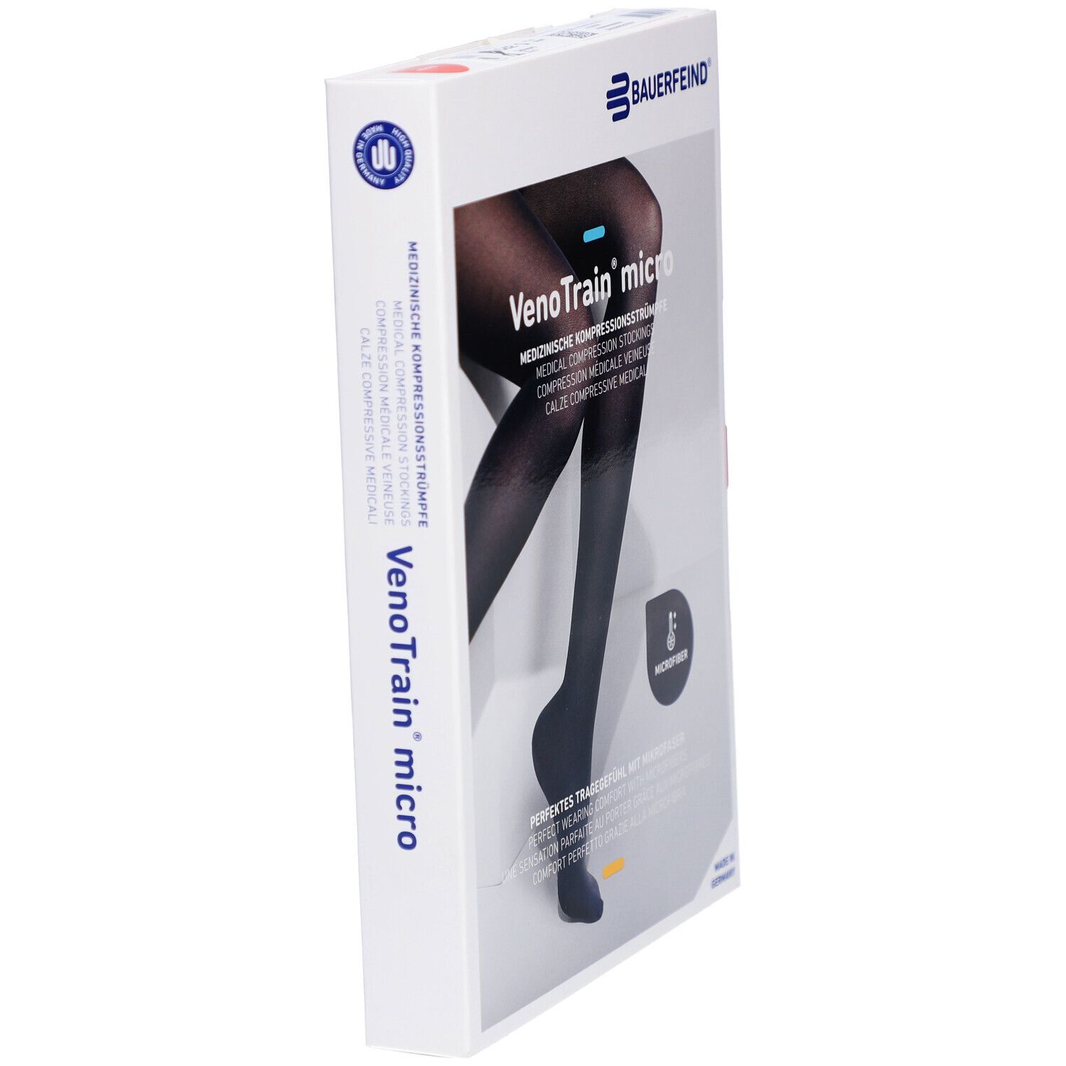 Verpackung mit Kompressionsstrümpfen. Schwarze Strümpfe, Marke VenoTrain micro. Medizinische Kompressionsstrümpfe.