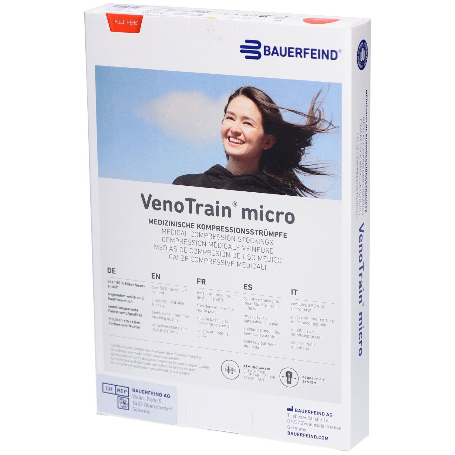 Rückseite der Verpackung mit Kompressionsstrümpfen. Marke VenoTrain micro. Medizinische Kompressionsstrümpfe. Mehrsprachige Informationen.