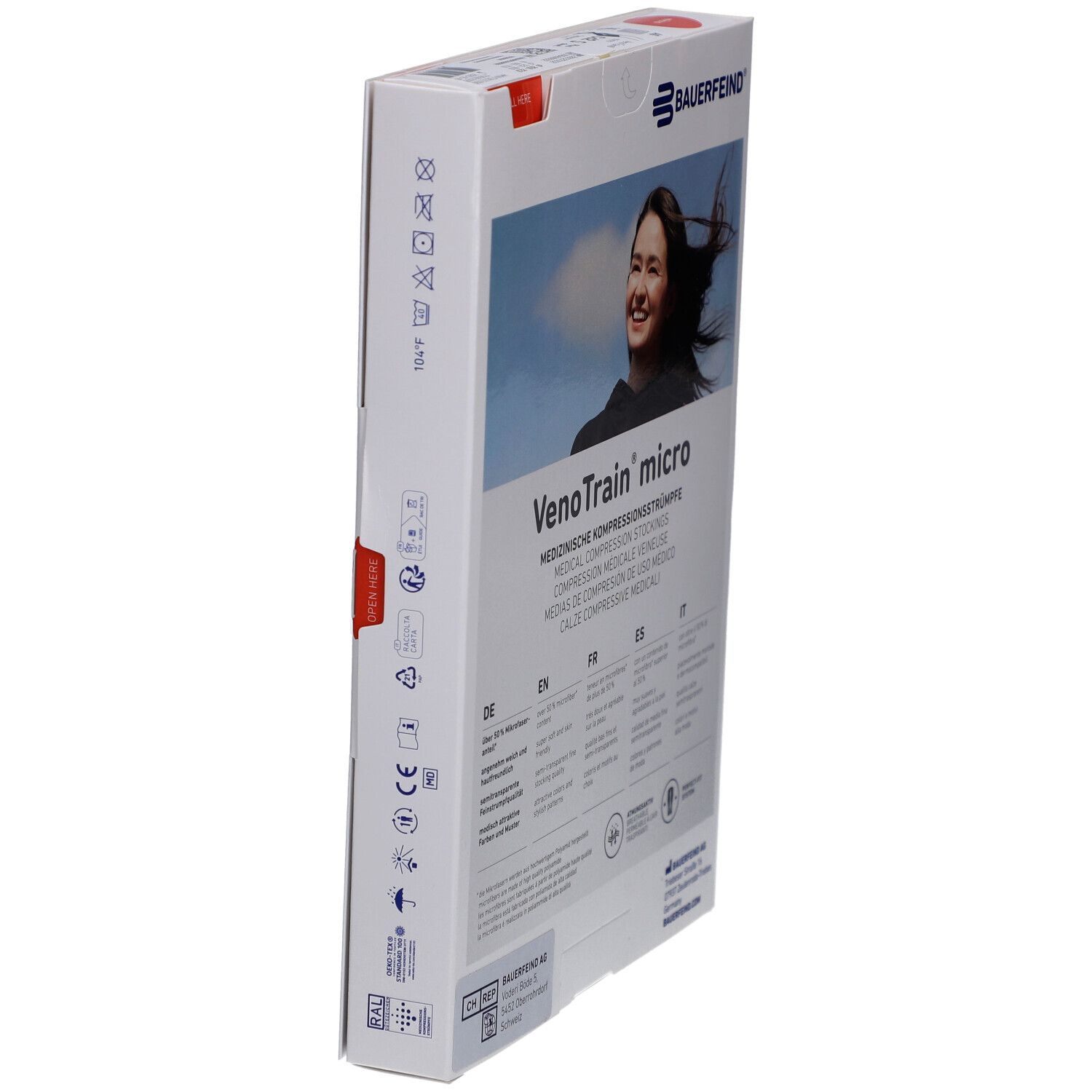 Verpackung mit Kompressionsstrümpfen. Marke VenoTrain micro. Medizinische Kompressionsstrümpfe. Mehrsprachige Informationen.