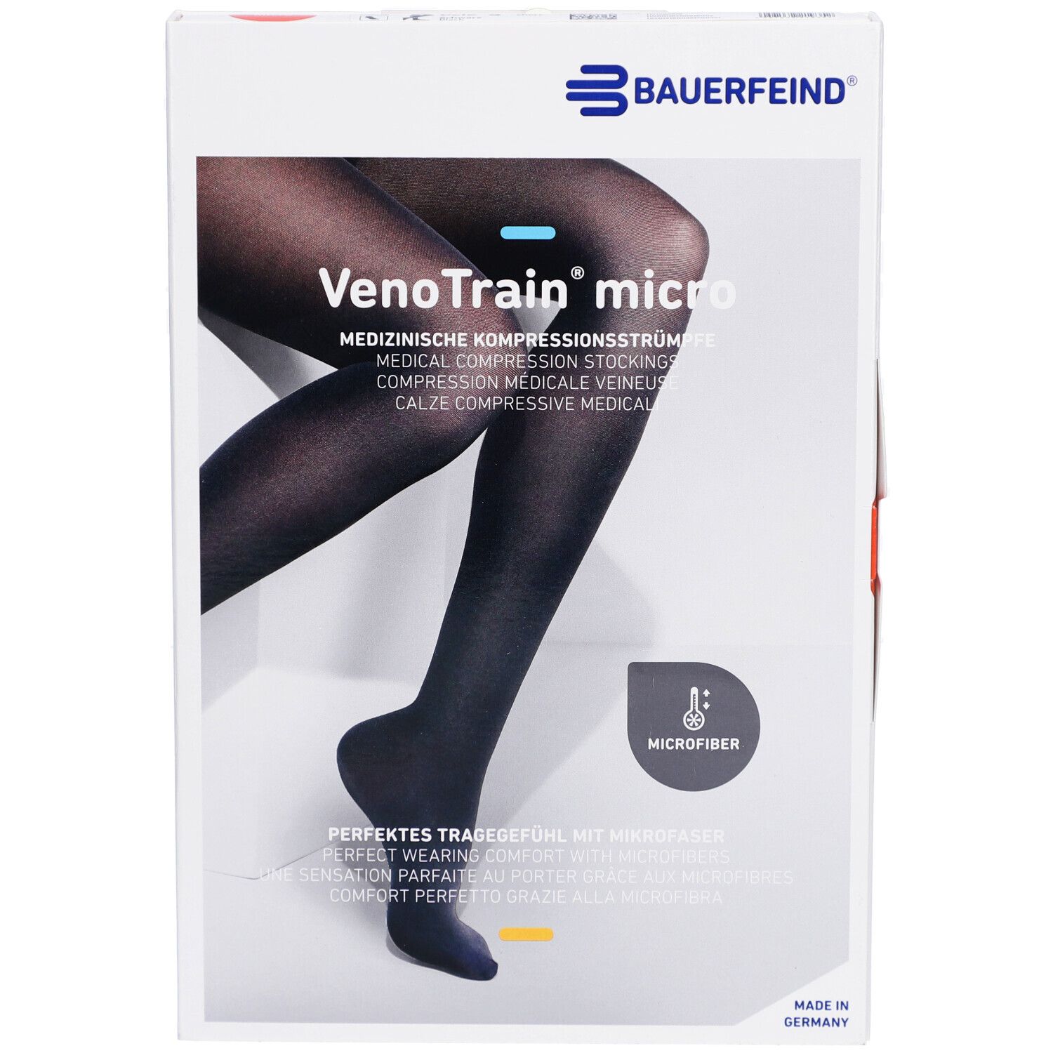 Verpackung mit Kompressionsstrümpfen. Schwarze Strümpfe, Marke VenoTrain micro, mit Mikrofaser. Medizinische Kompressionsstrümpfe.