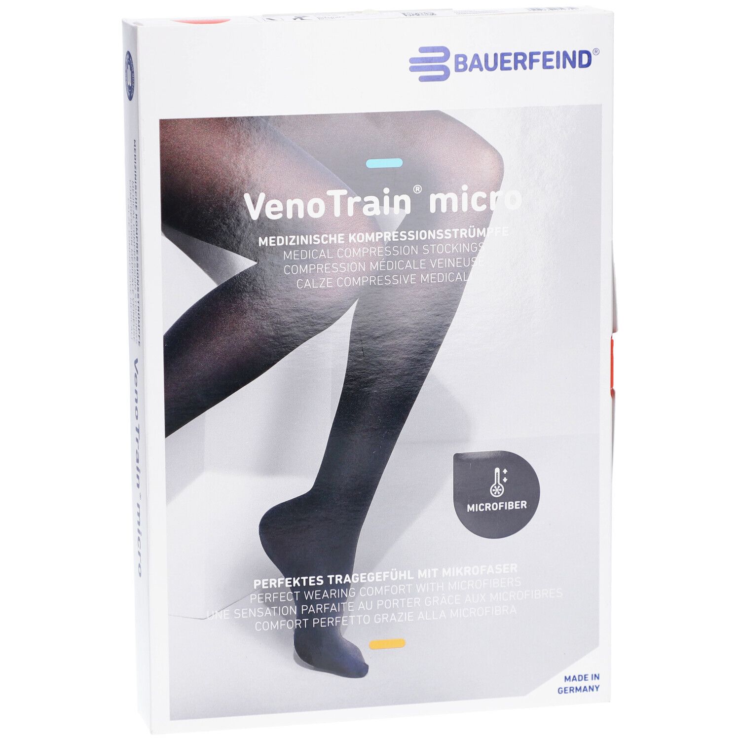 Verpackung mit Kompressionsstrümpfen. Schwarze Strümpfe, Marke VenoTrain micro, mit Mikrofaser. Medizinische Kompressionsstrümpfe.