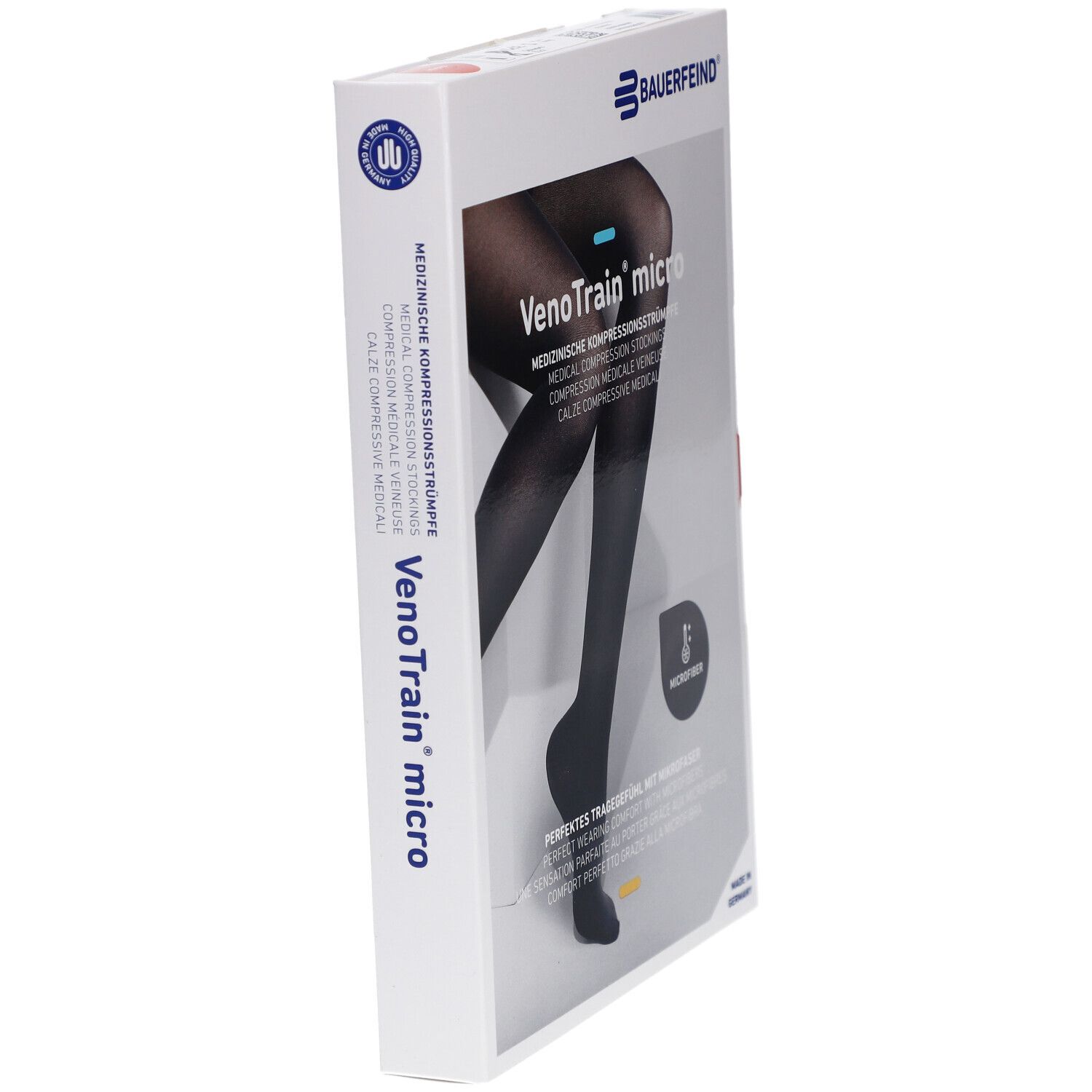 Boîte de bas de compression noirs VenoTrain micro. Logo Bauerfeind. Vue en biais. Inscriptions en allemand, anglais, français, italien.