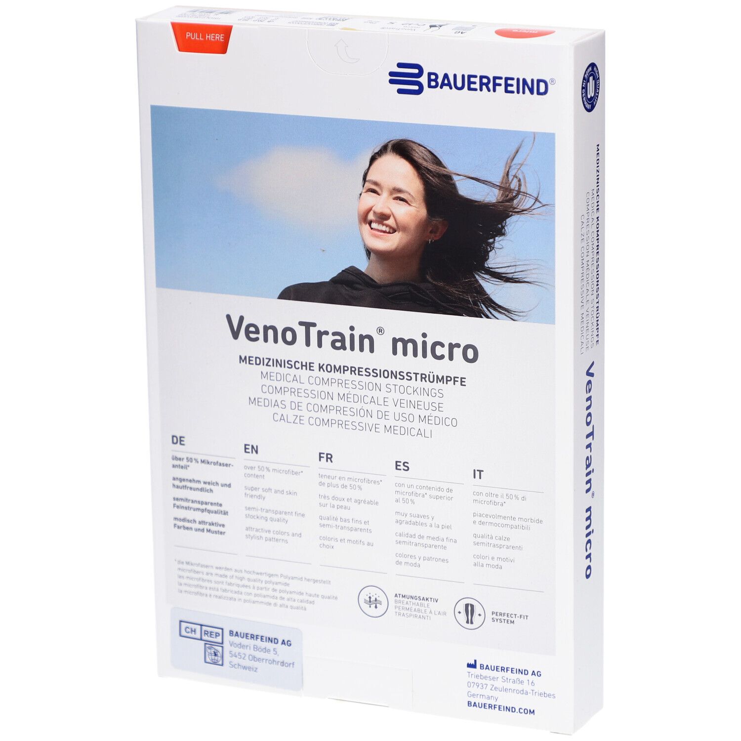 Dos de la boîte de bas de compression VenoTrain micro. Logo Bauerfeind. Textes en allemand, anglais, français, italien.