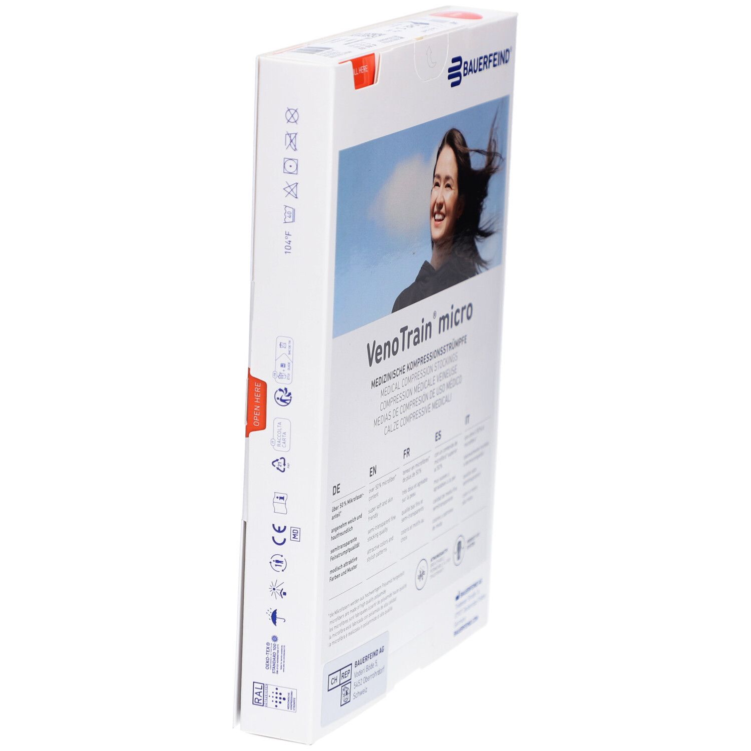 Boîte de bas de compression VenoTrain micro. Logo Bauerfeind. Vue en biais. Textes en allemand, anglais, français, italien.