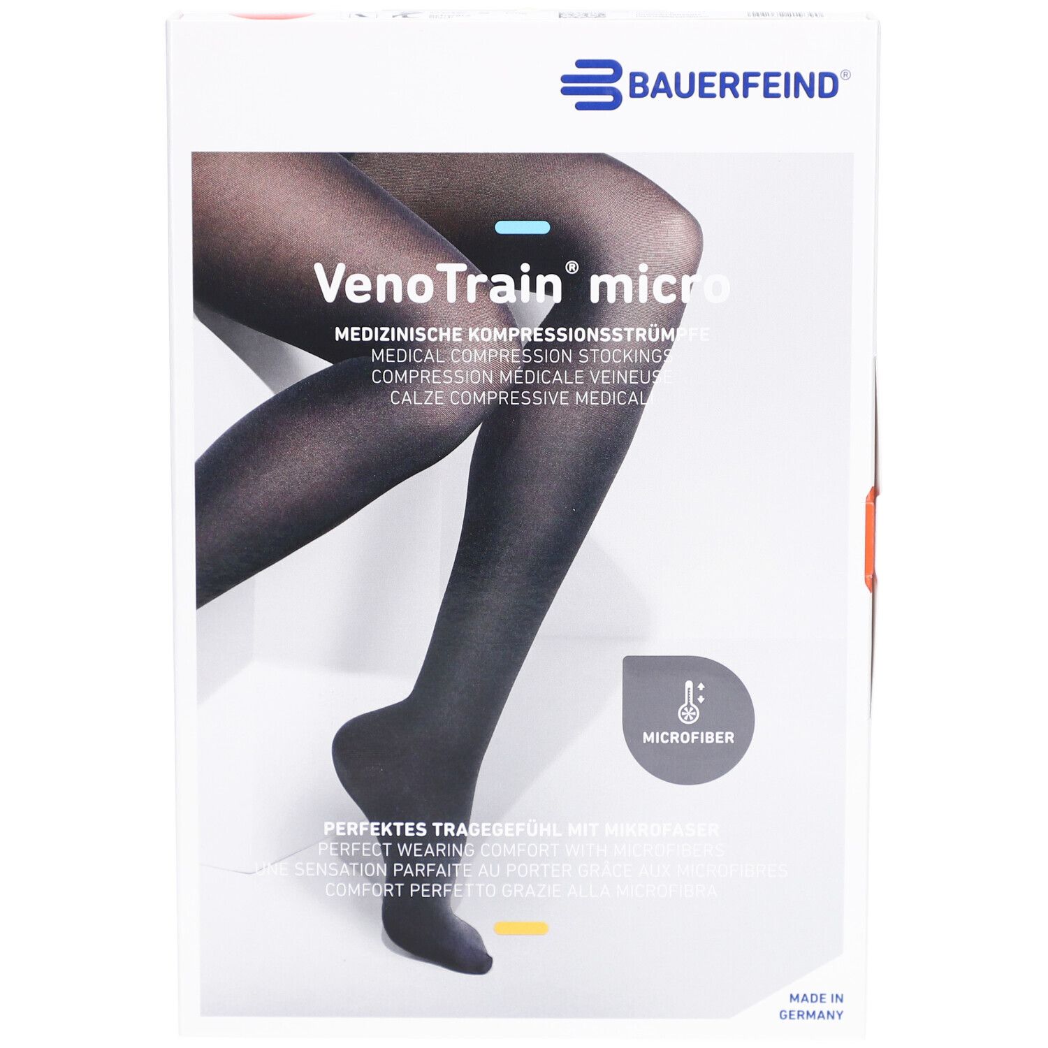 Boîte de bas de compression noirs VenoTrain micro. Logo Bauerfeind. Symbole microfibre. Fabriqué en Allemagne.