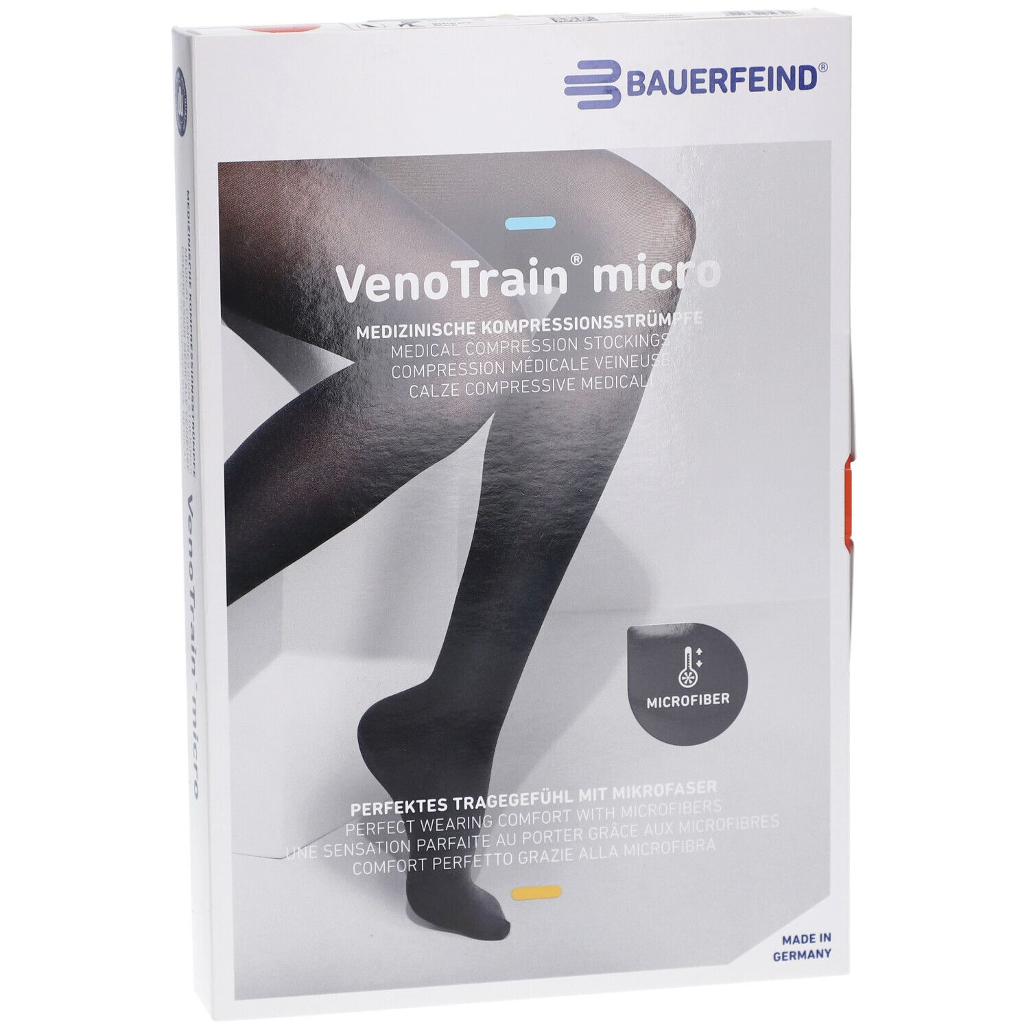 Boîte de bas de compression noirs VenoTrain micro. Logo Bauerfeind. Symbole microfibre. Fabriqué en Allemagne.