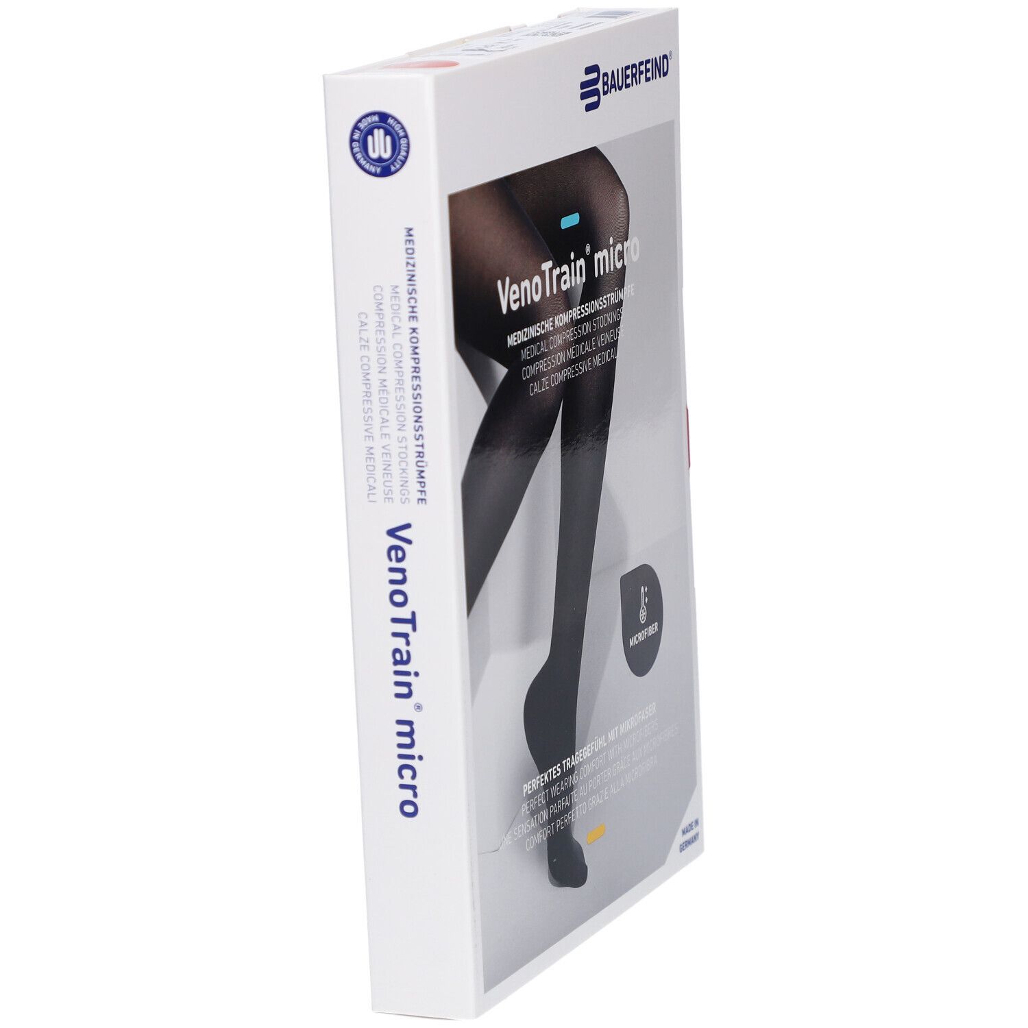 Boîte de bas de compression VenoTrain micro. Noir, taille M plus/long, pied fermé. Texte : Bas de compression médicale.