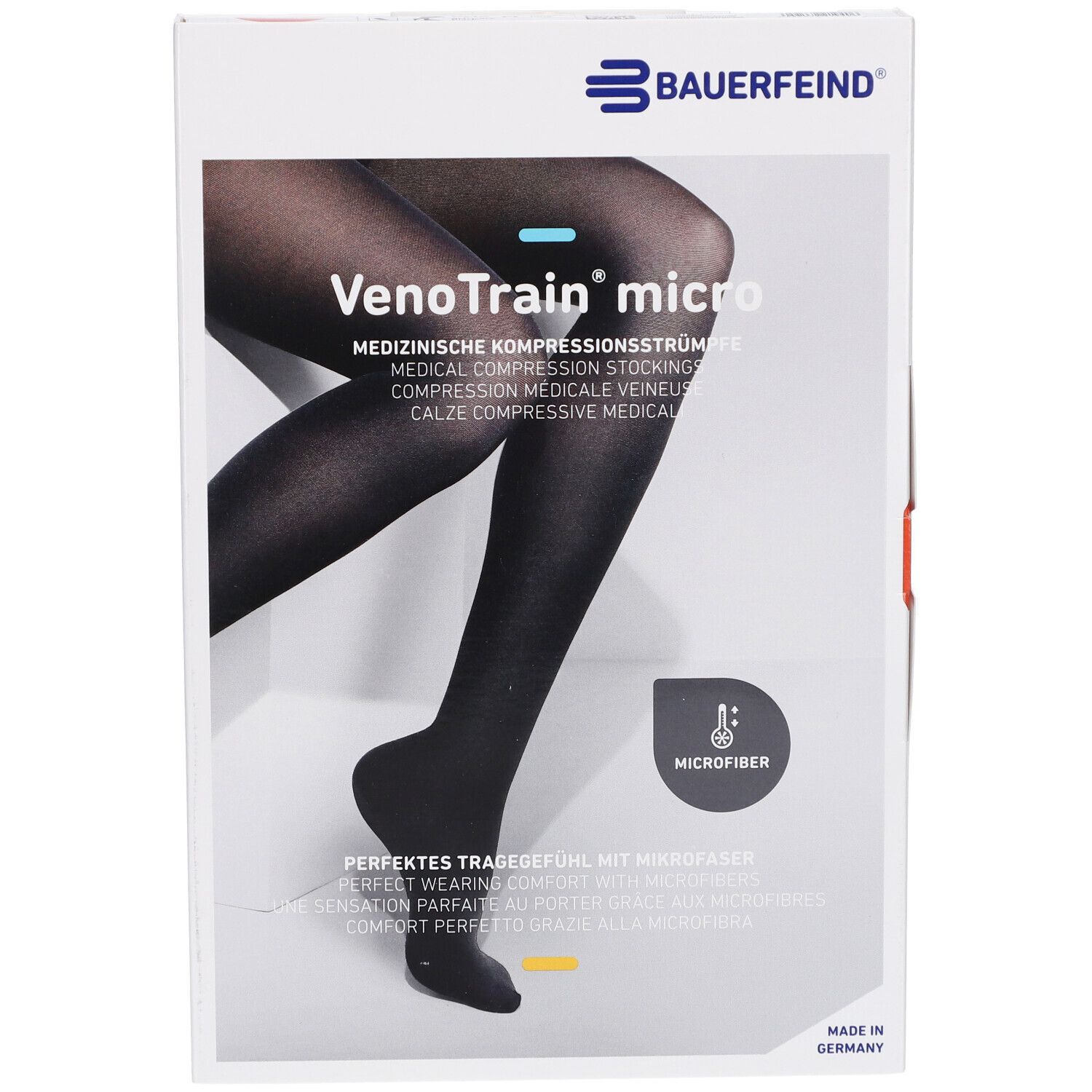 Boîte de bas de compression VenoTrain micro. Noir, taille M plus/long, pied fermé. Texte : Bas de compression médicale.