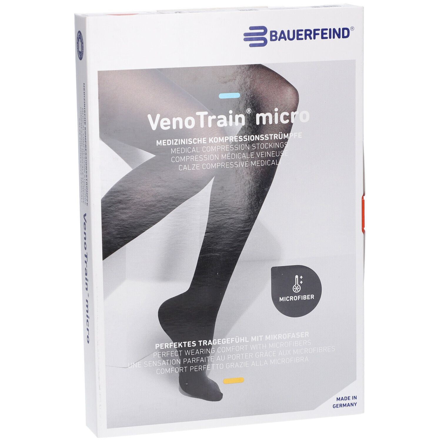 Boîte de bas de compression VenoTrain micro. Noir, taille M plus/long, pied fermé. Texte : Bas de compression médicale.