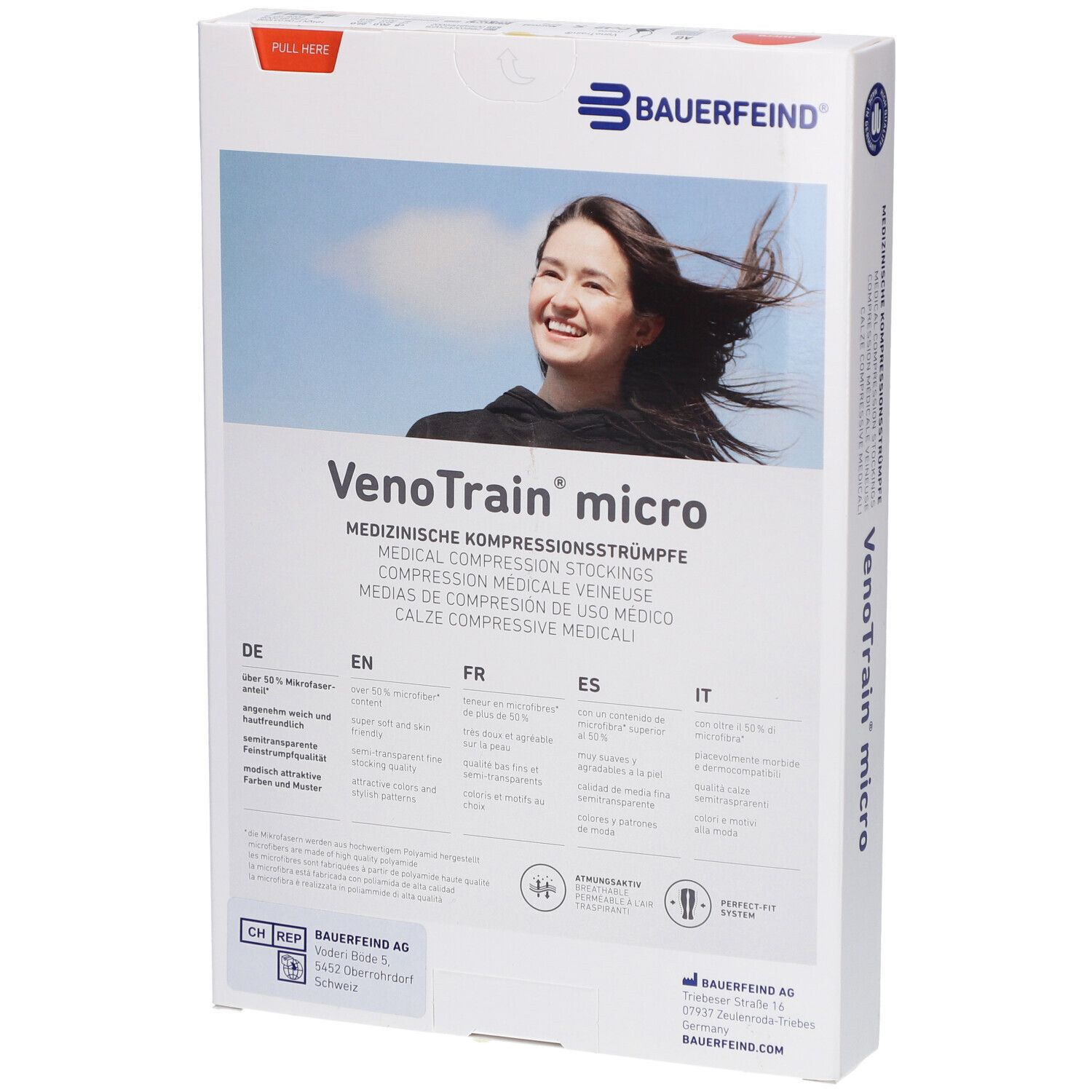 Rückseite der Verpackung mit Kompressionsstrümpfen. Marke: VenoTrain micro. Informationen in mehreren Sprachen.