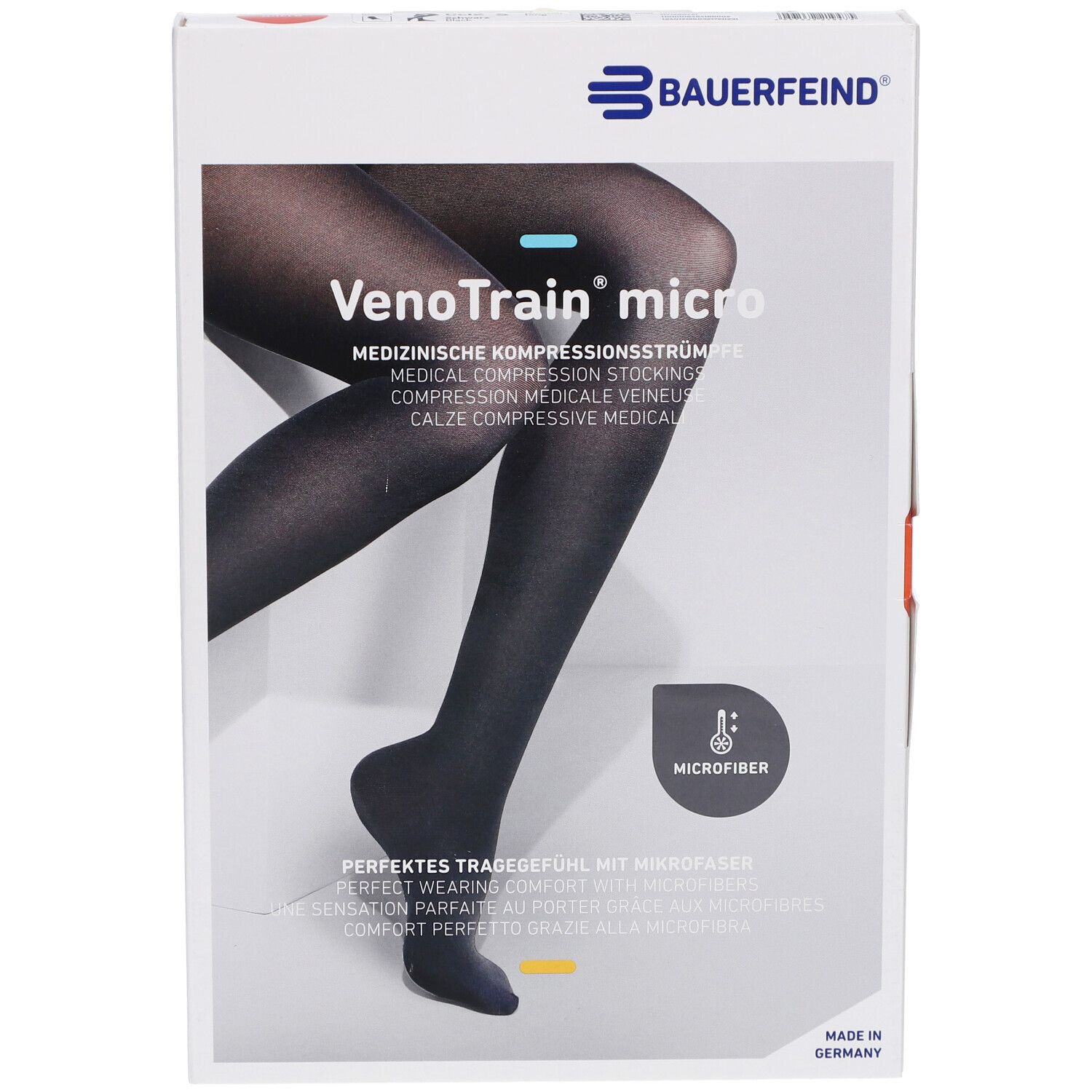 Kompressionsstrümpfe in Verpackung. Schwarze Strümpfe mit offenem Fuß. Marke: VenoTrain micro, Bauerfeind. Mikrofaser.
