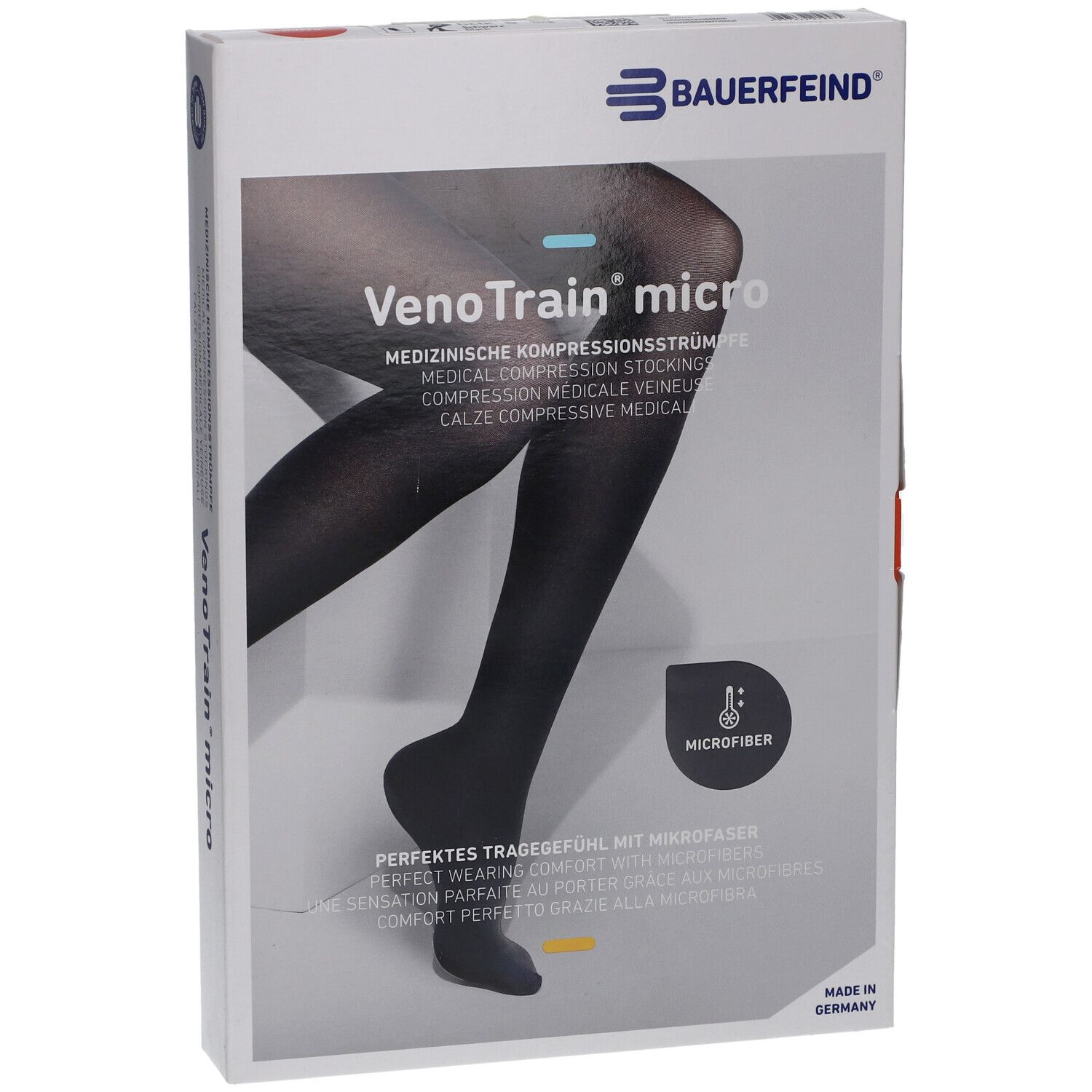 Kompressionsstrümpfe in Verpackung. Schwarze Strümpfe mit offenem Fuß. Marke: VenoTrain micro, Bauerfeind. Mikrofaser.