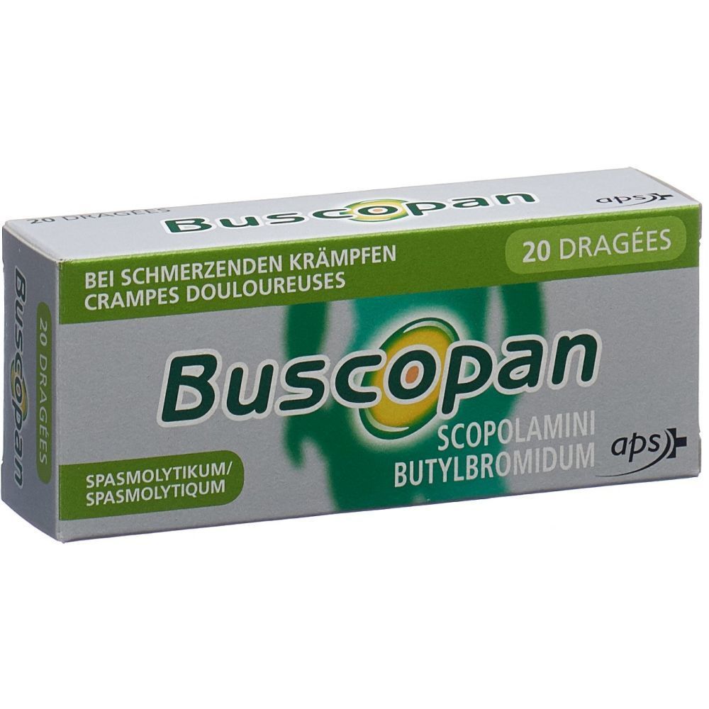 Kartonverpackung mit "Buscopan"-Schriftzug. Enthält 20 Dragees. Text in Deutsch und Französisch: "Bei schmerzenden Krämpfen/Crampes douloureuses".