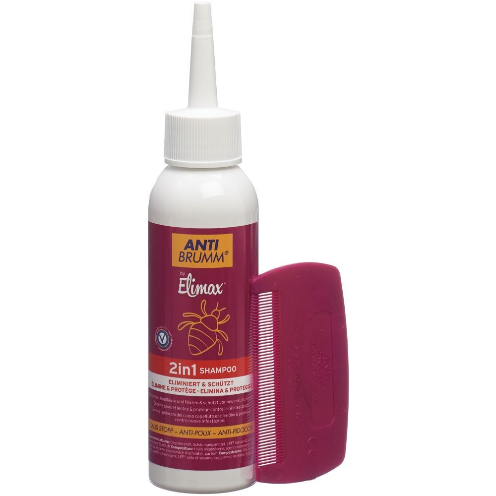 Flacon de ANTI BRUMM® Elimax 2 en 1 Shampooing avec peigne. Flacon blanc, étiquette rouge et peigne.