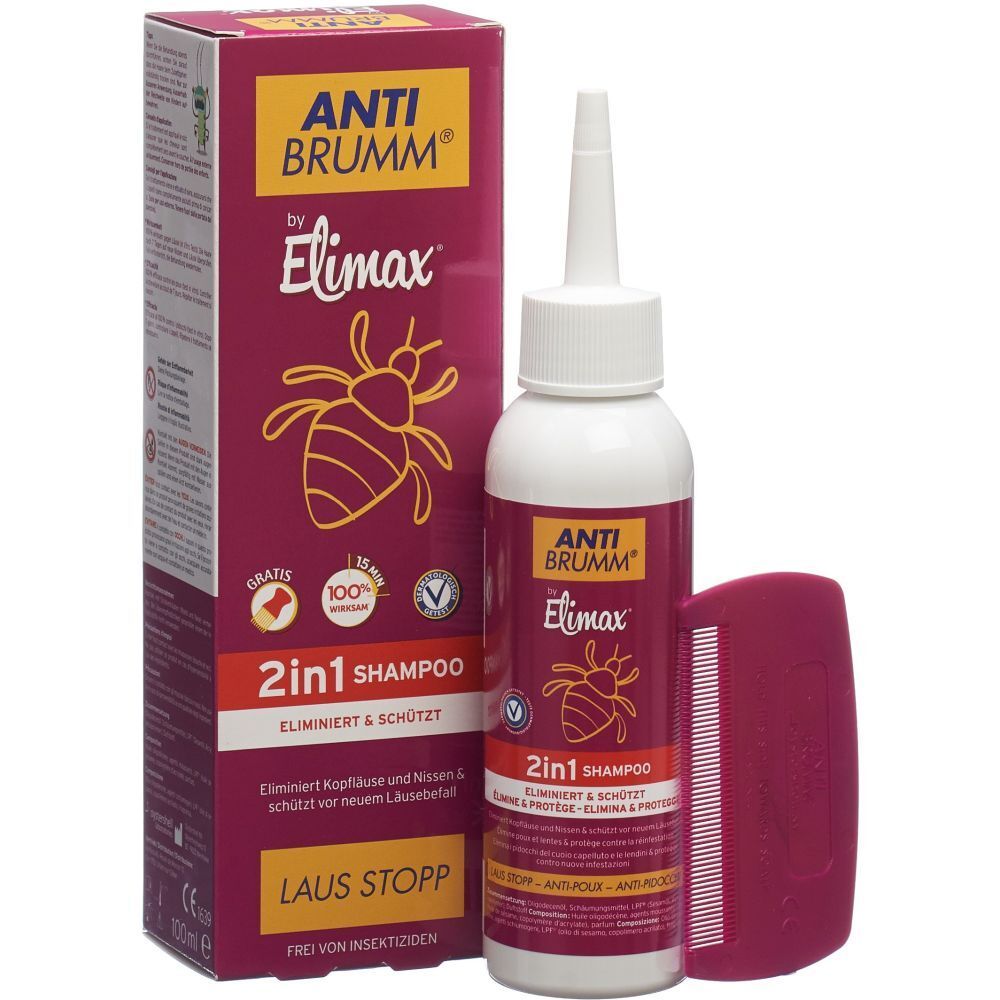 ANTI BRUMM® Elimax 2 en 1 Shampooing avec emballage et peigne. Flacon, boîte et peigne.