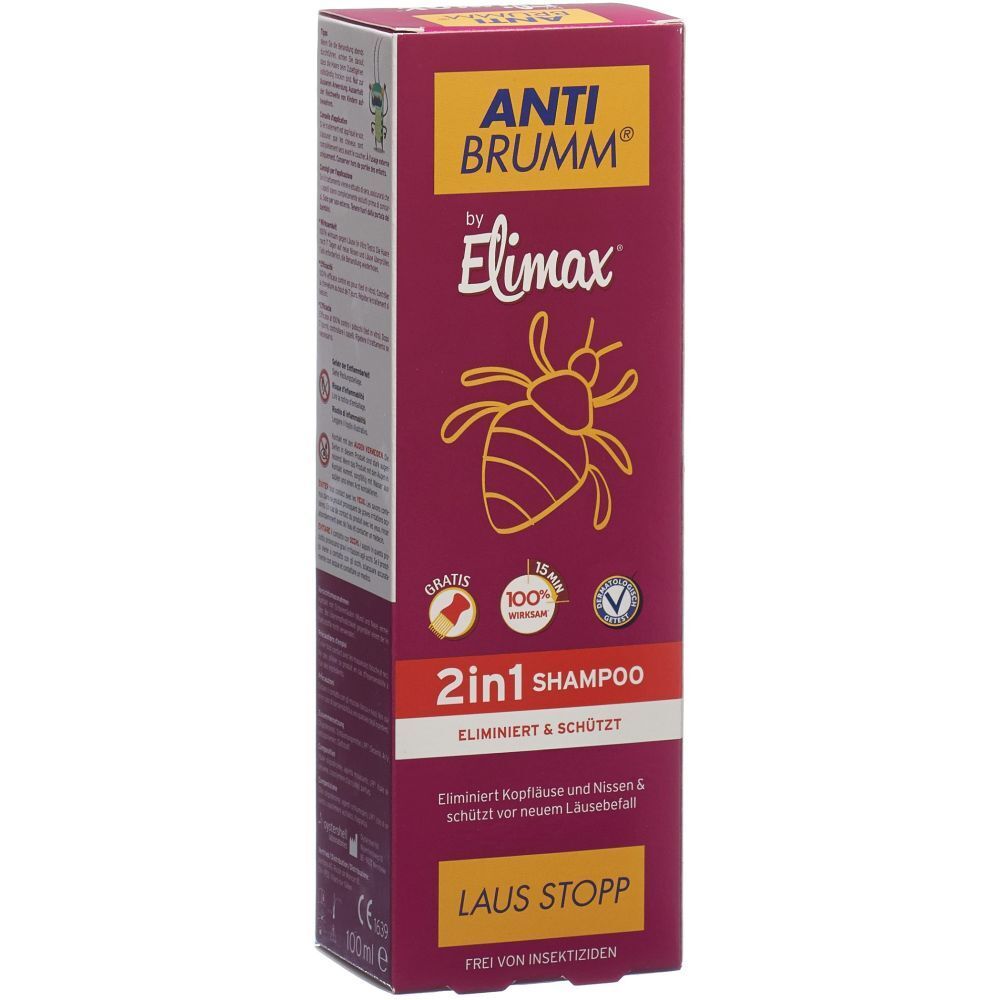 Emballage de shampooing ANTI BRUMM® Elimax 2 en 1. Design violet-jaune avec informations et logo. Label végétalien.