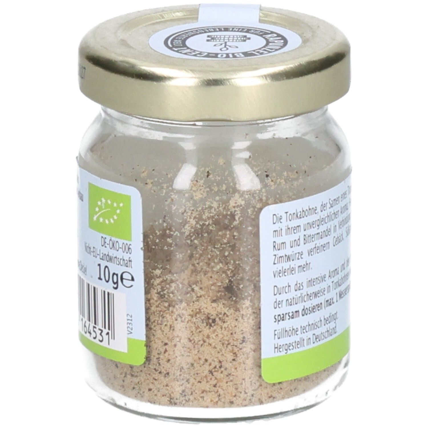 Pot de fèves tonka moulues. Étiquette avec label bio, poids 10g et code-barres. Couvercle doré.