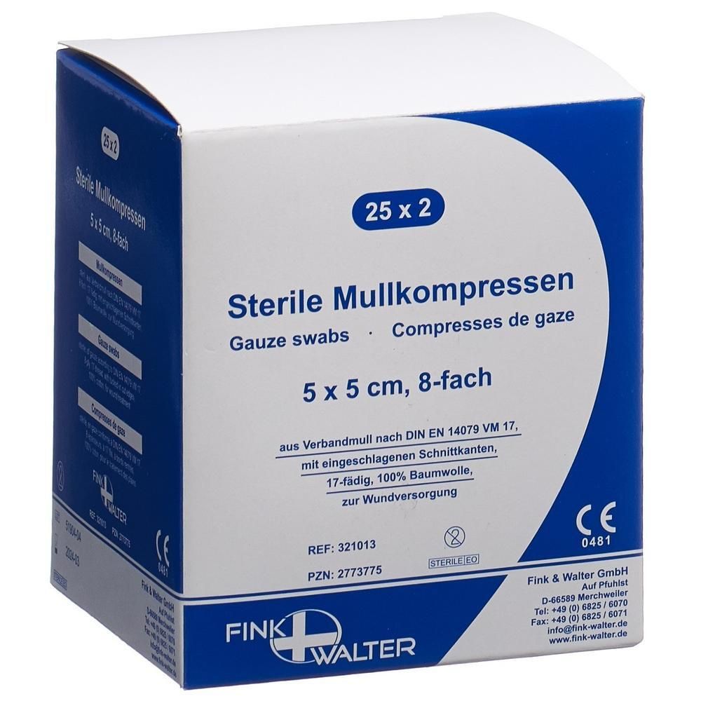 Verpackung mit sterilen Mullkompressen. Größe 5x5 cm, 8-fach. Aufdruck: 25 x 2, CE-Kennzeichnung. Hersteller: Fink & Walter.