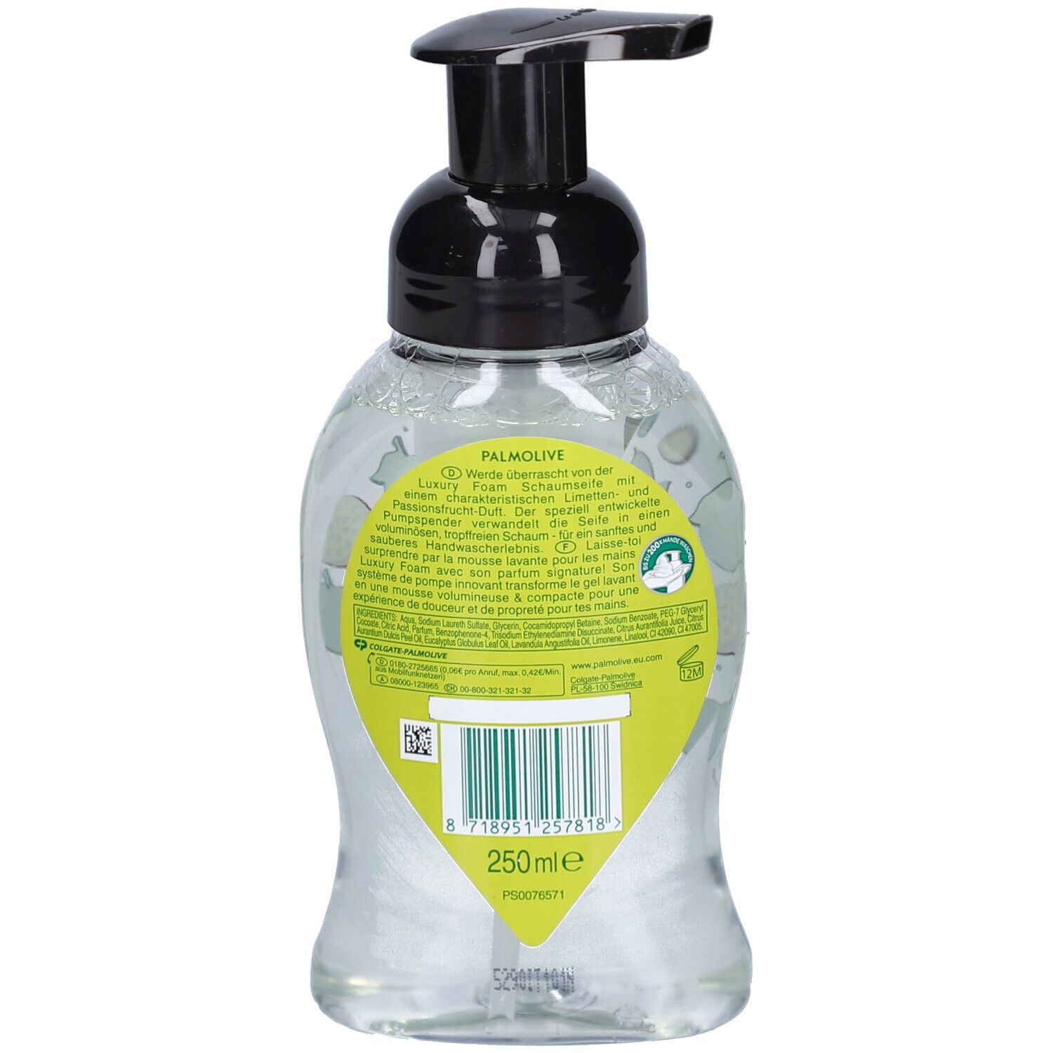 Rückseite der PALMOLIVE Flüssigseife. Transparente Flasche mit schwarzem Pumpspender. Etikett mit Produktinformationen, Barcode und Inhaltsangaben.