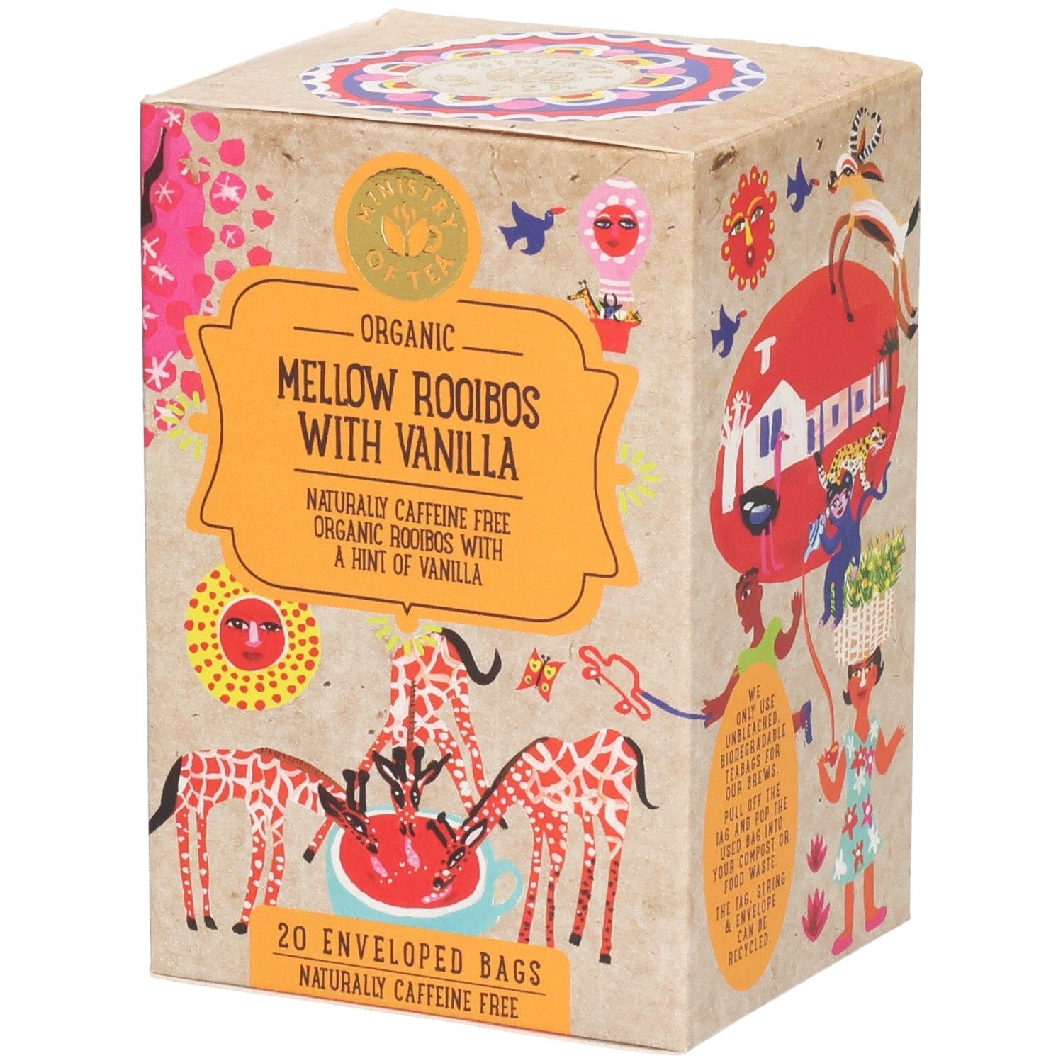 Kartonverpackung mit Aufschrift 'Mellow Rooibos with Vanilla'. Enthält 20 Teebeutel. Mit Illustrationen von Giraffen.