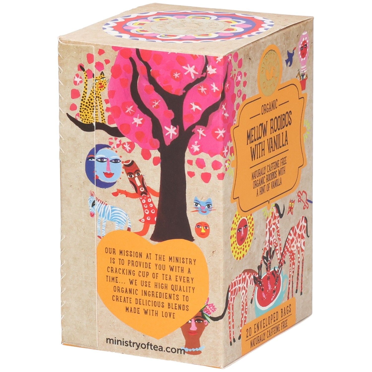 Kartonverpackung mit Text 'Mellow Rooibos with Vanilla'. Enthält 20 Teebeutel. Mit Illustrationen und Text.