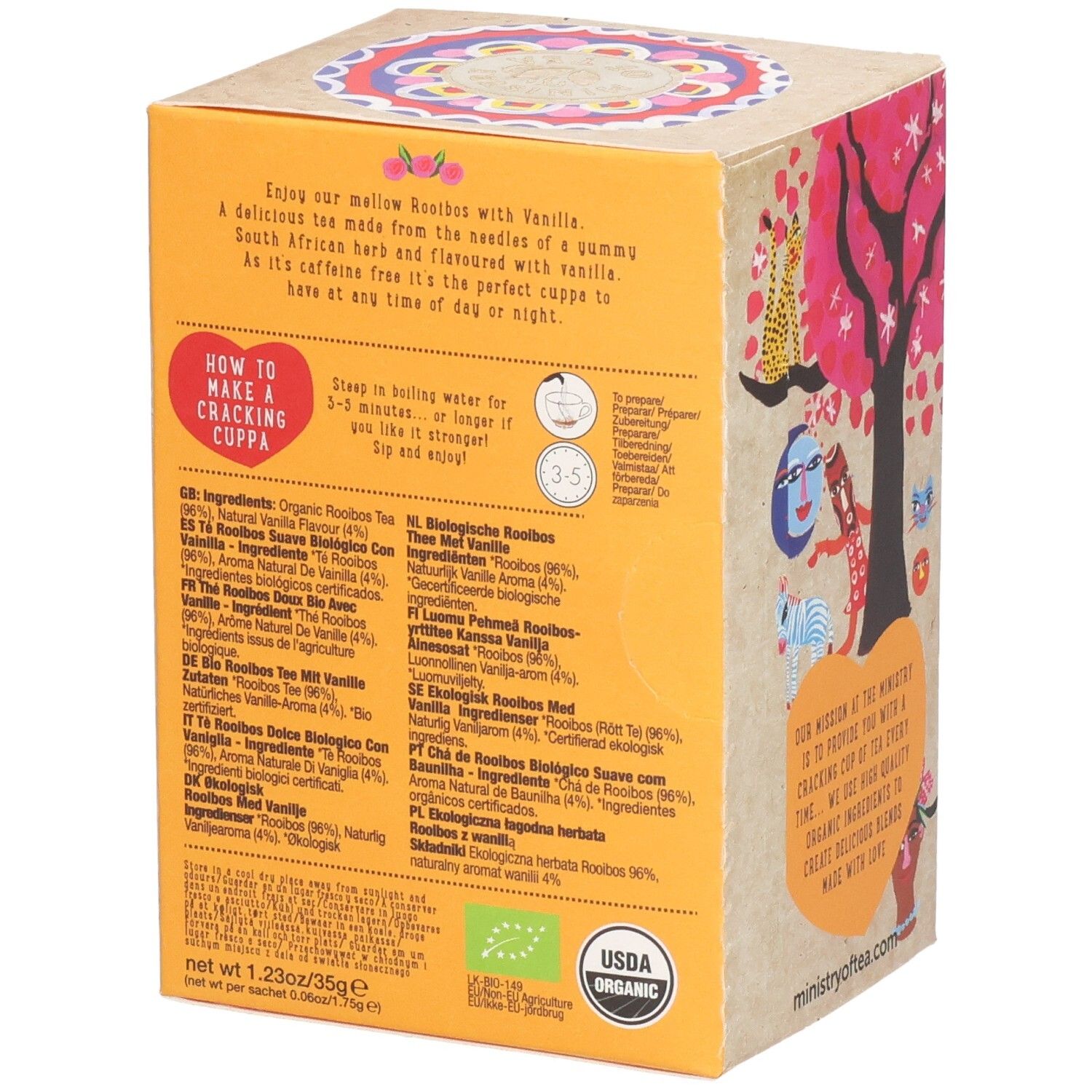 Kartonverpackung mit Text und Zutatenliste. Enthält 20 Teebeutel. Mit USDA Organic-Siegel.