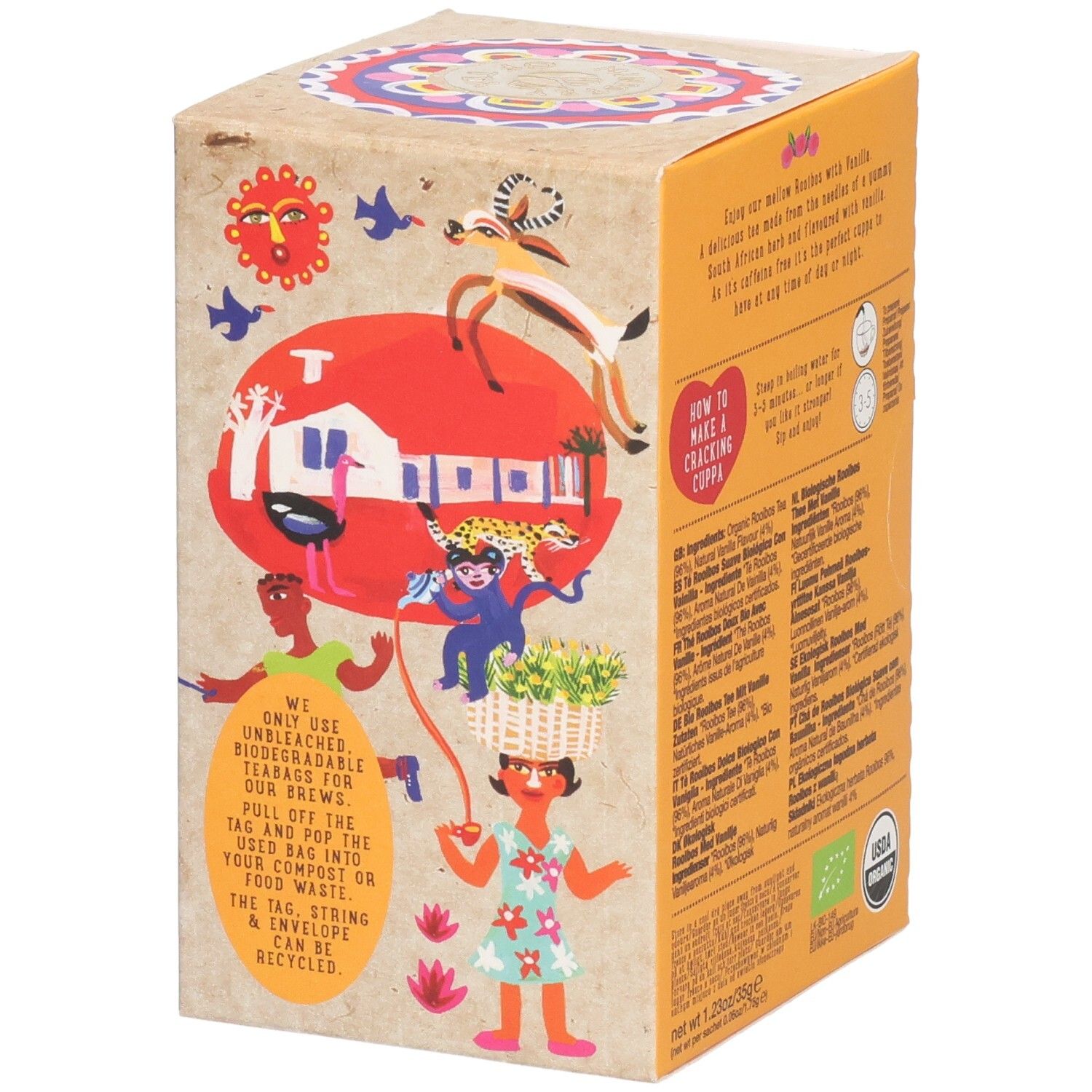 Kartonverpackung mit Illustrationen und Text. Enthält 20 Teebeutel. Mit Text über Nachhaltigkeit.