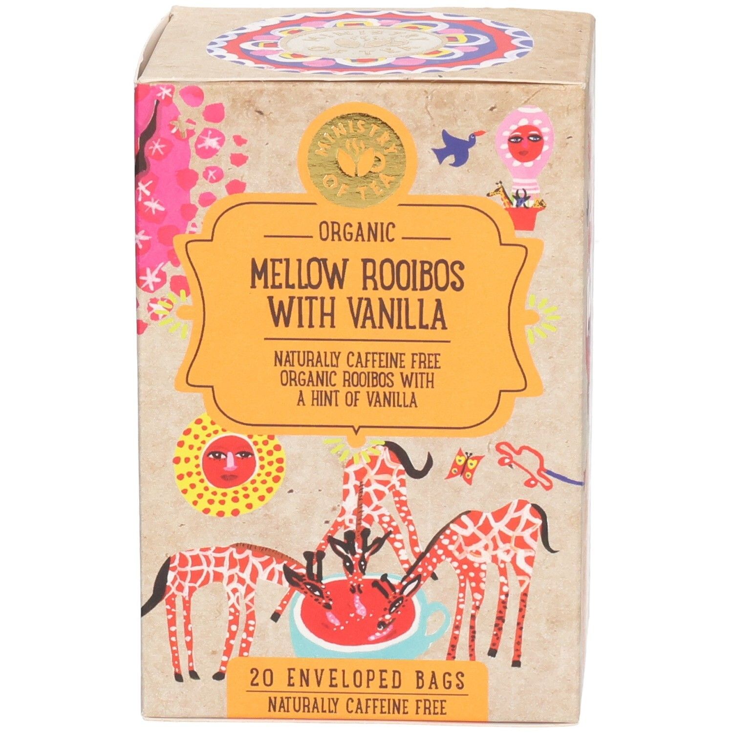 Kartonverpackung mit Aufschrift 'Mellow Rooibos with Vanilla'. Enthält 20 Teebeutel. Mit Illustrationen von Giraffen.