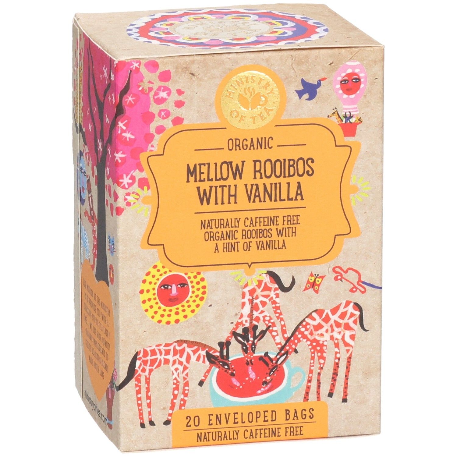 Kartonverpackung mit Aufschrift 'Mellow Rooibos with Vanilla'. Enthält 20 Teebeutel. Mit Illustrationen von Giraffen.