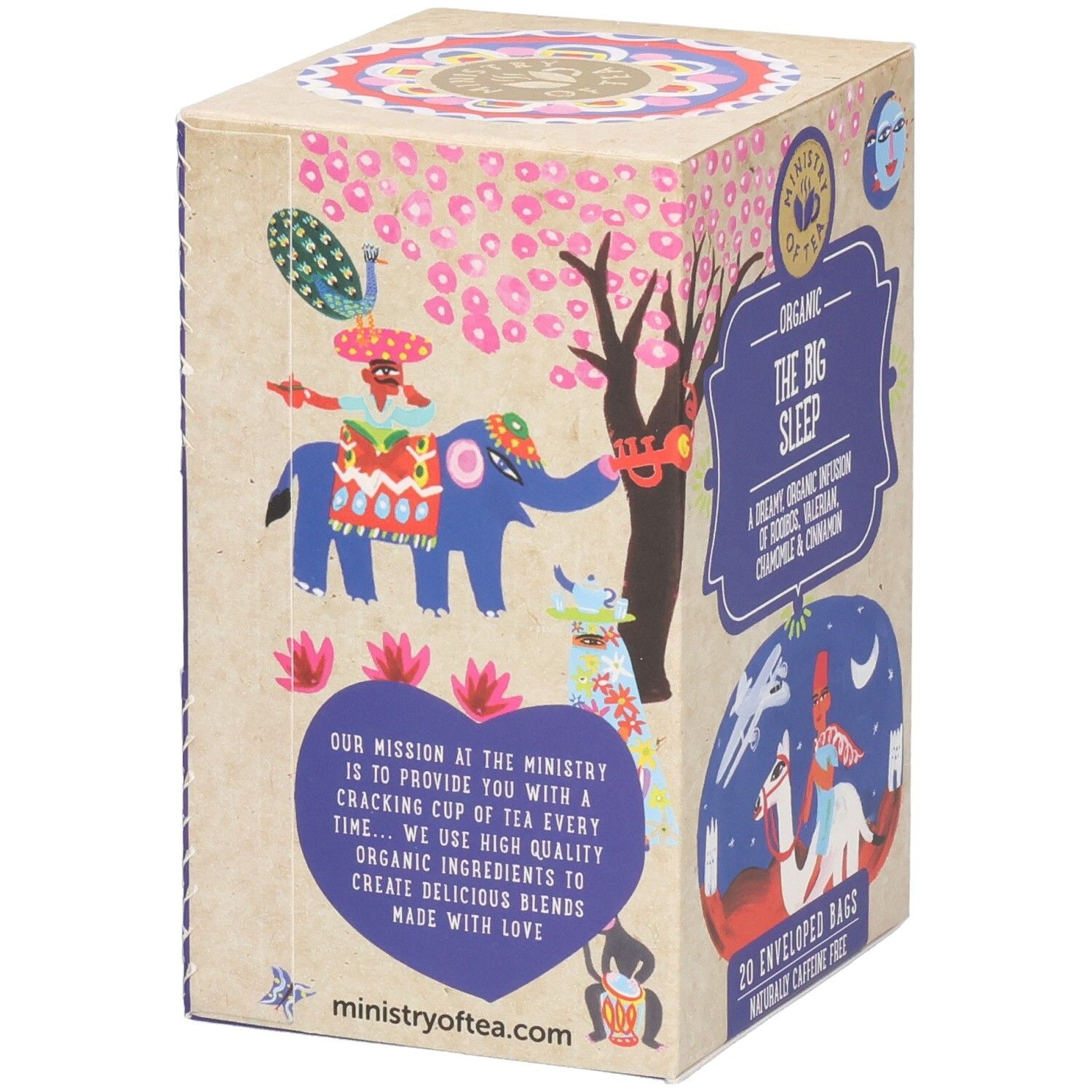 Rückseite der Teebox. Text: "The Big Sleep". Illustrationen mit Elefanten und Kamelen. Logo und Website.