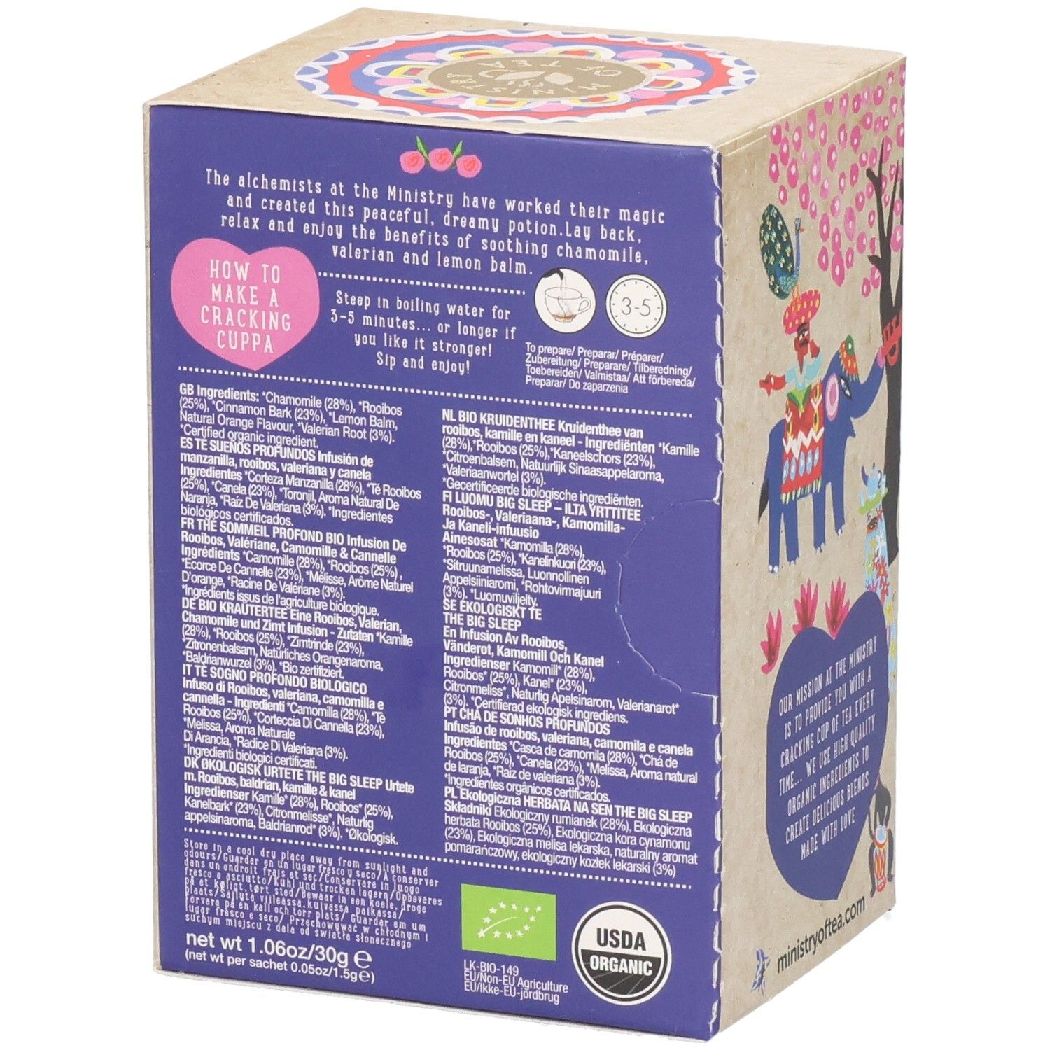 Teebox mit Zutatenliste und Zubereitungshinweisen. USDA Organic-Siegel. Text in mehreren Sprachen.